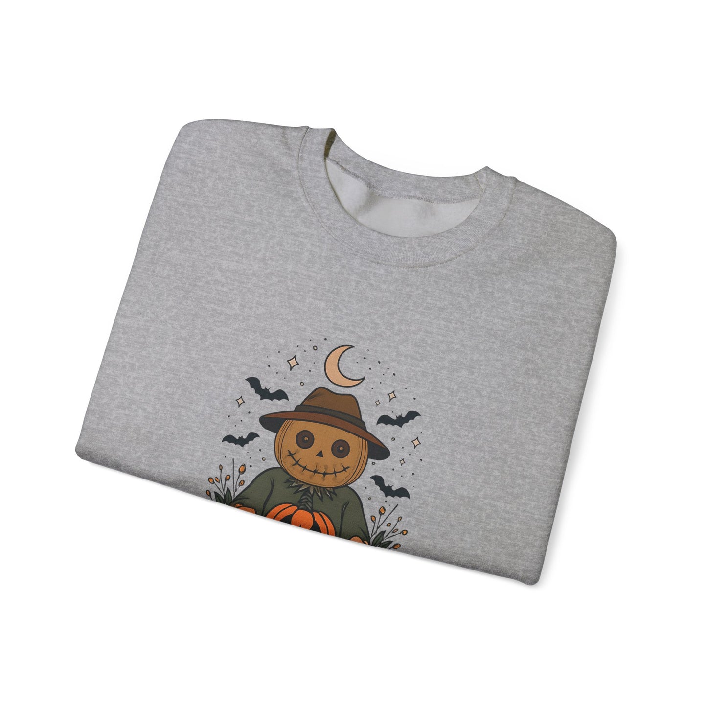 Cozy Halloween Sweatshirt with Scarecrow Design, The playful design featuring a whimsical scarecrow and autumnal elements creates a cheerful vibe, perfect for adding a festive touch to your wardrobe.