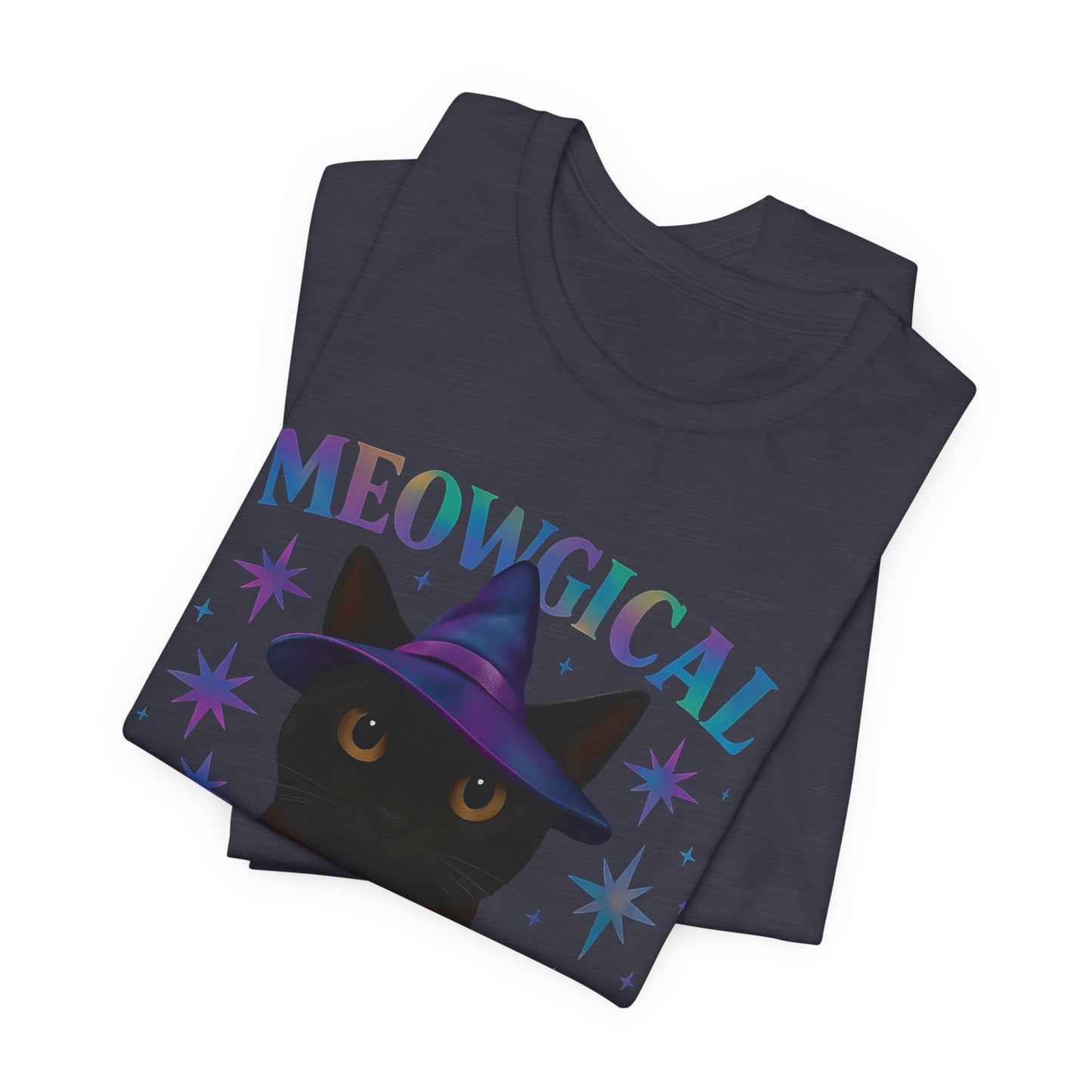 Meowgic Witch, This tee captures the essence of magical cat allure with its holographic cat design, bringing the bewitching appeal of black cats magic straight into your wardrobe