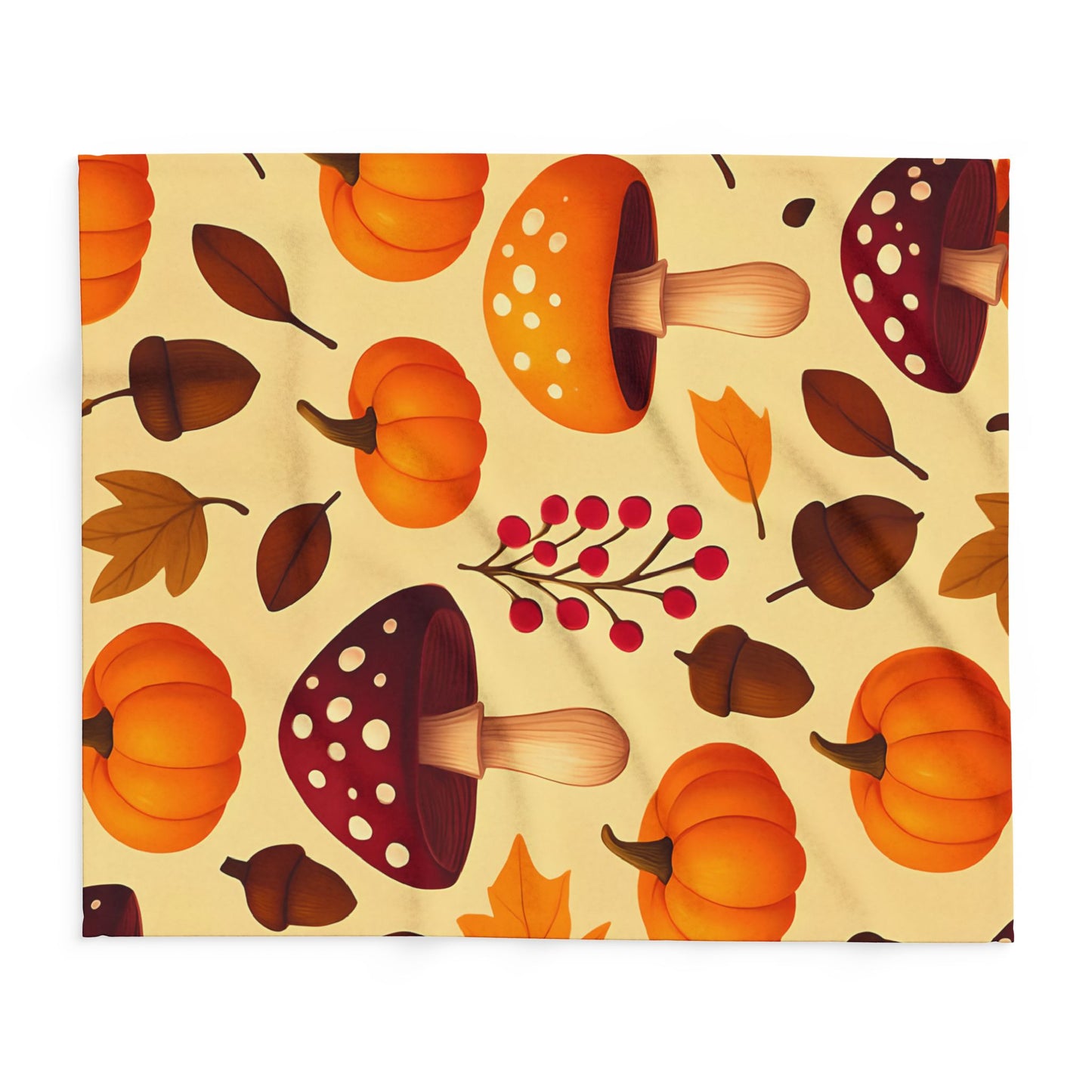 Cozy Autumn Pumpkin Blanket, This plush, cozy fleece blanket captures the essence of the season with its vibrant pumpkin and shroom motifs.