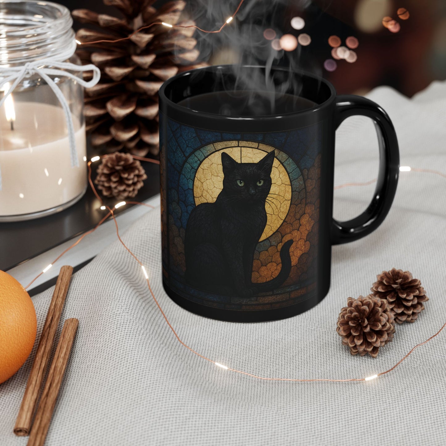 Moon Cat Stained Glass Effect Mug, Embrace the mysterious elegance with every sip, and let this cat stained glass masterpiece become your new favorite moon mug. witchy gift