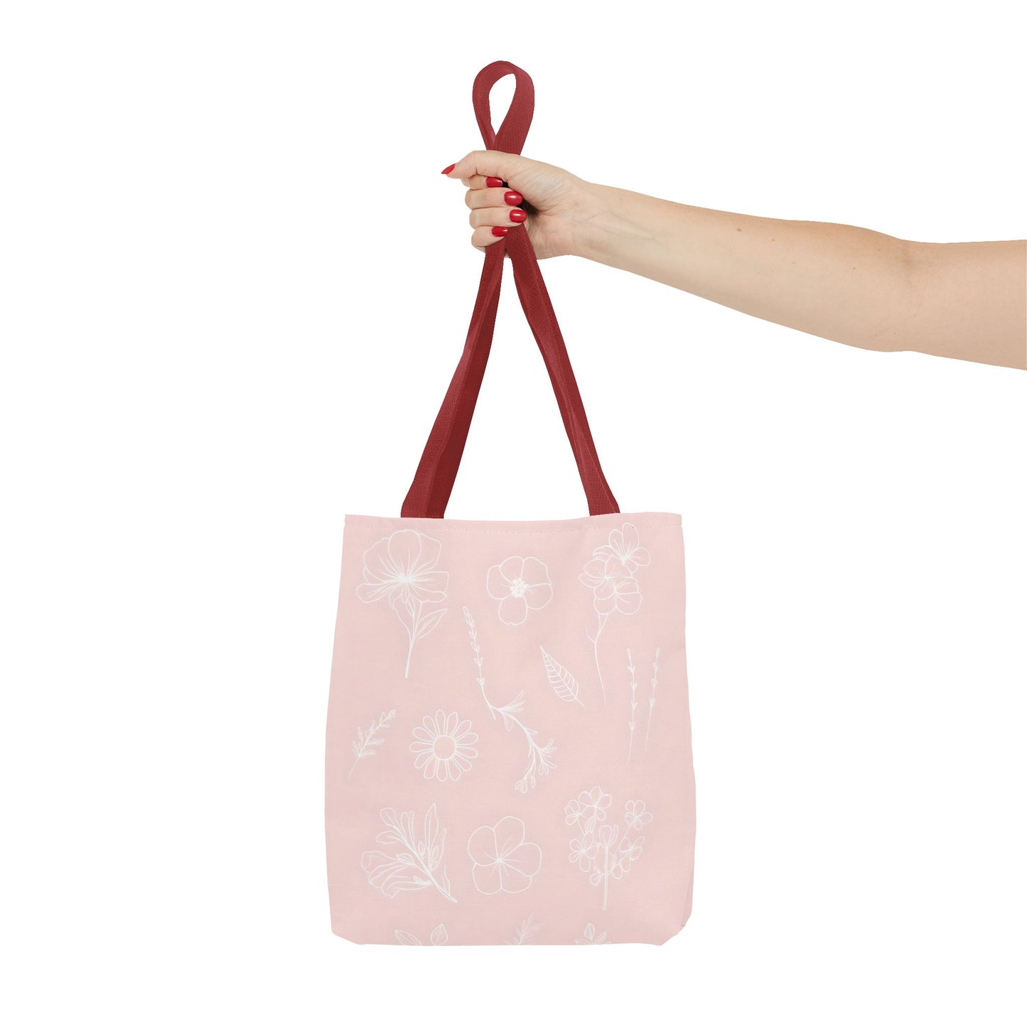 Hand drawn style flower print tote, pastel pink, Canvas shoulder bag, reusable  lunch bag.