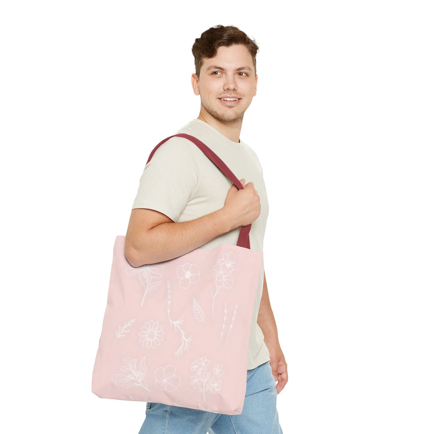 Hand drawn style flower print tote, pastel pink, Canvas shoulder bag, reusable  lunch bag.