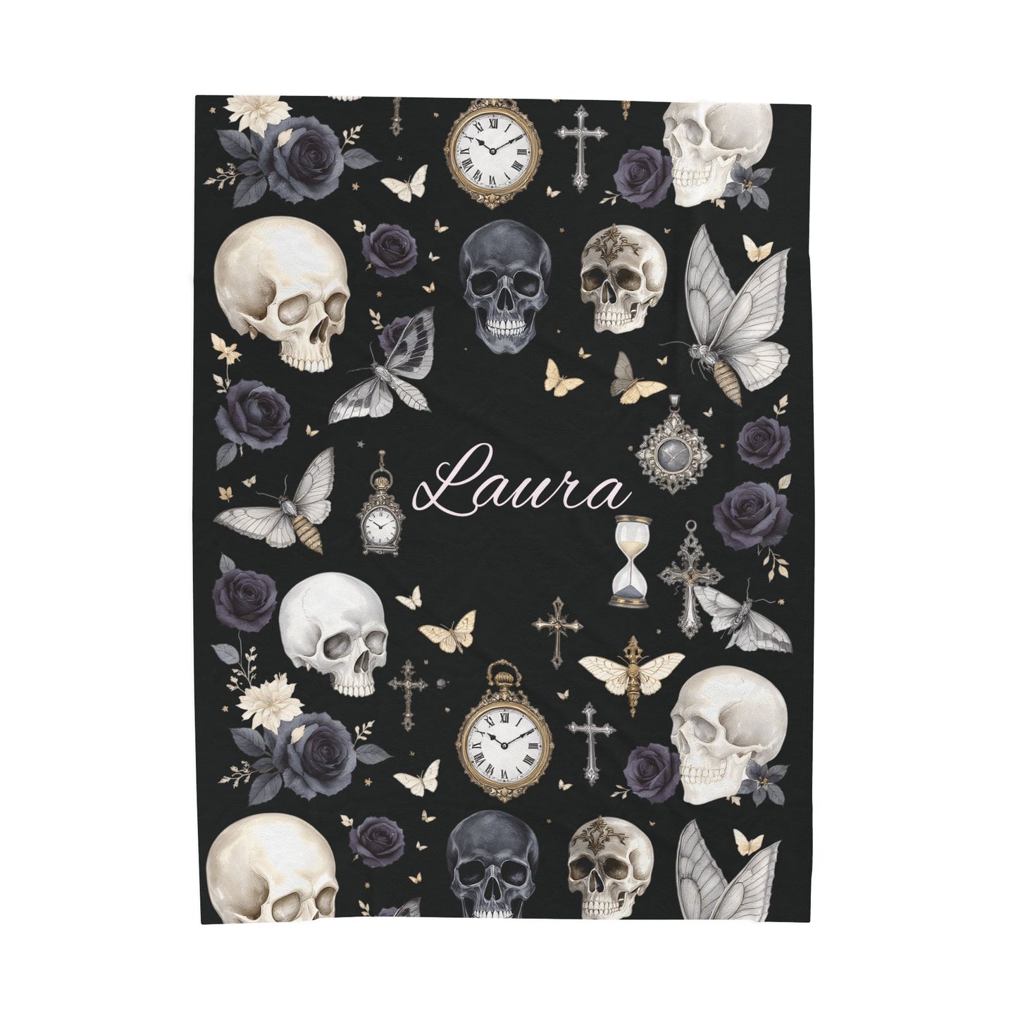 Gothic Skulls and Roses Velveteen Plush Blanket | Personalized Name Option