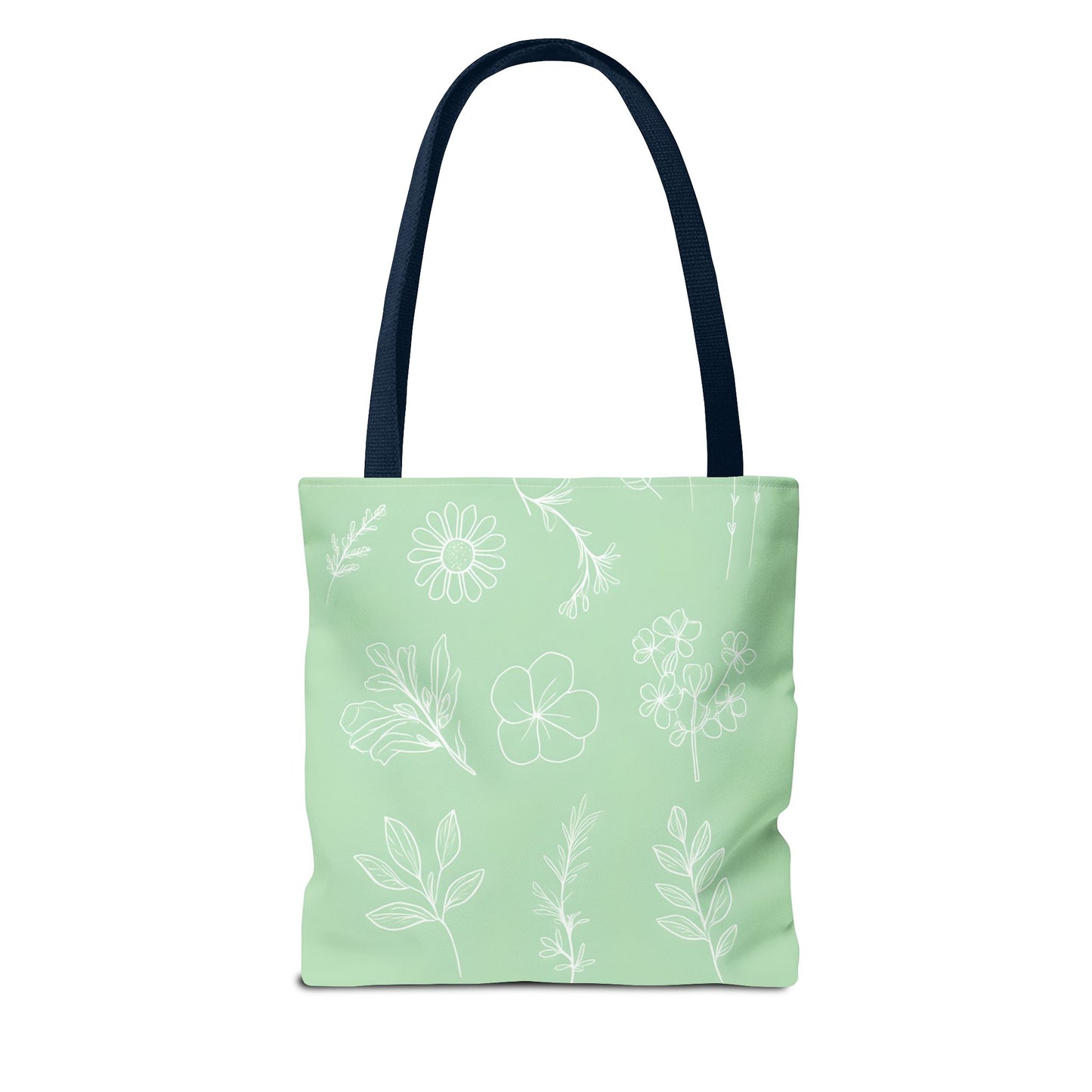 Hand drawn style flower print tote, pastel green, Canvas shoulder bag, reusable  lunch bag.