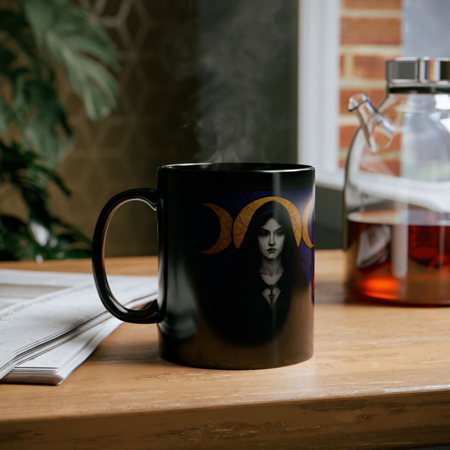 Triple Moon Goddess Stained Glass Effect Mug, Perfect as a spiritual gift idea, it brings together the power of the triple moon, embodying the essence of the moon goddess.
