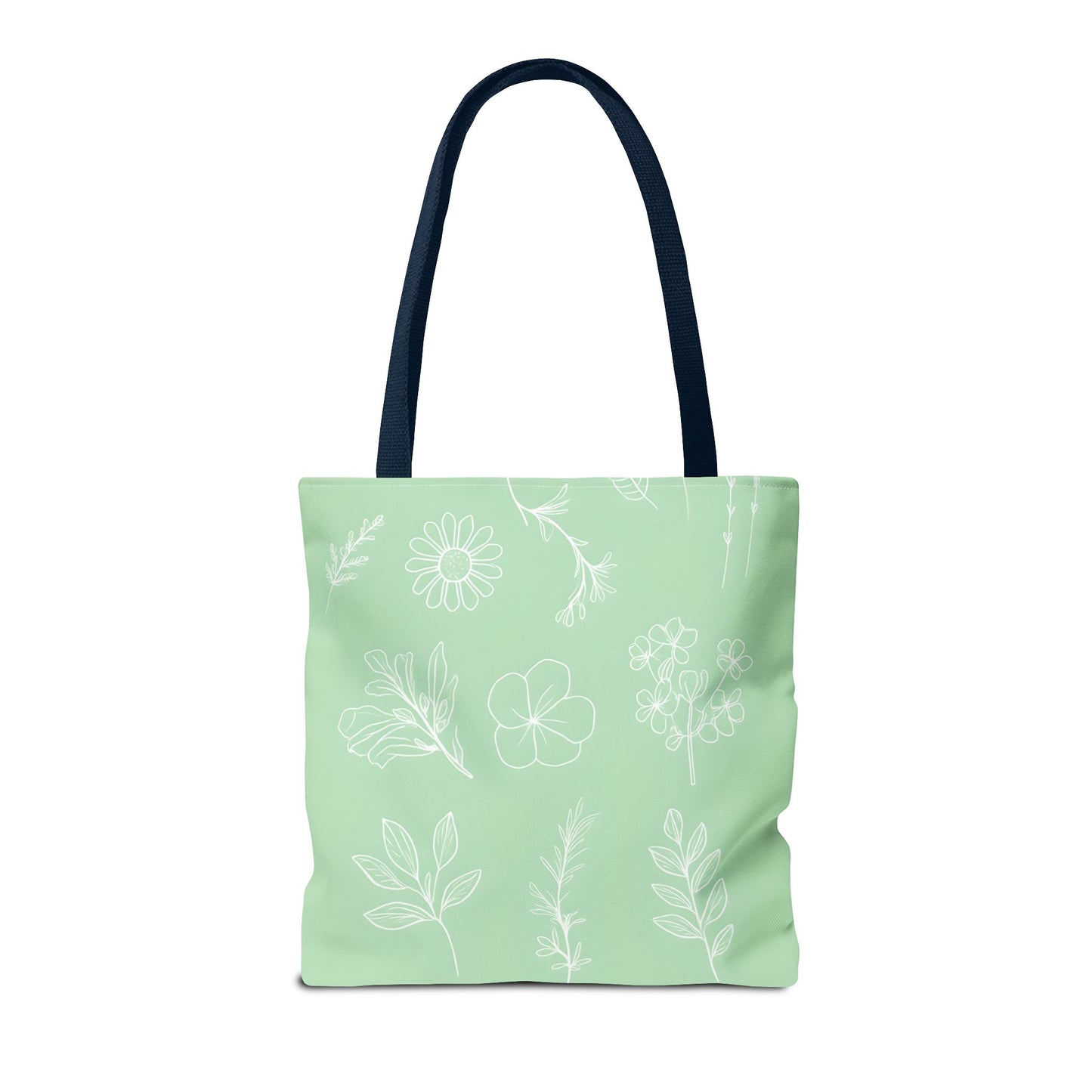 Hand drawn style flower print tote, pastel green, Canvas shoulder bag, reusable  lunch bag.