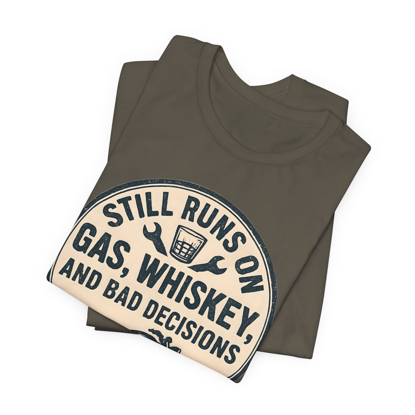 Still Runs On Gas Whiskey And Bad Decisions Shirt, This motorcycle tee blends humor with style, making it an essential addition to any biker's wardrobe.