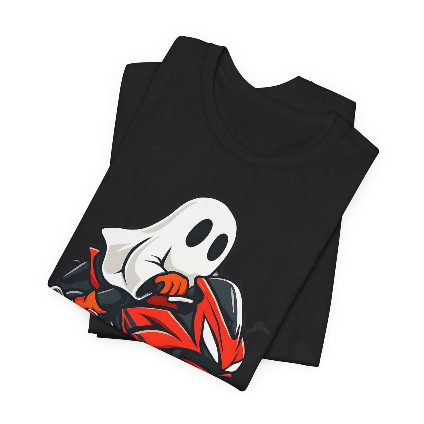 Ghosty Biker T-shirt, This ghost rider shirt captures the essence of Halloween with its hauntingly cool design, making it an essential piece for motorcycle enthusiasts who crave a dose of the supernatural.