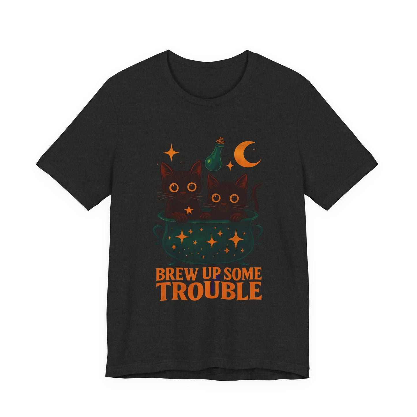 Brew Up Some Trouble Cat Witchy T-shirt, The seamless blend of mystical charm and humor makes this shirt a must-have for any lover of cute Halloween cat apparel.