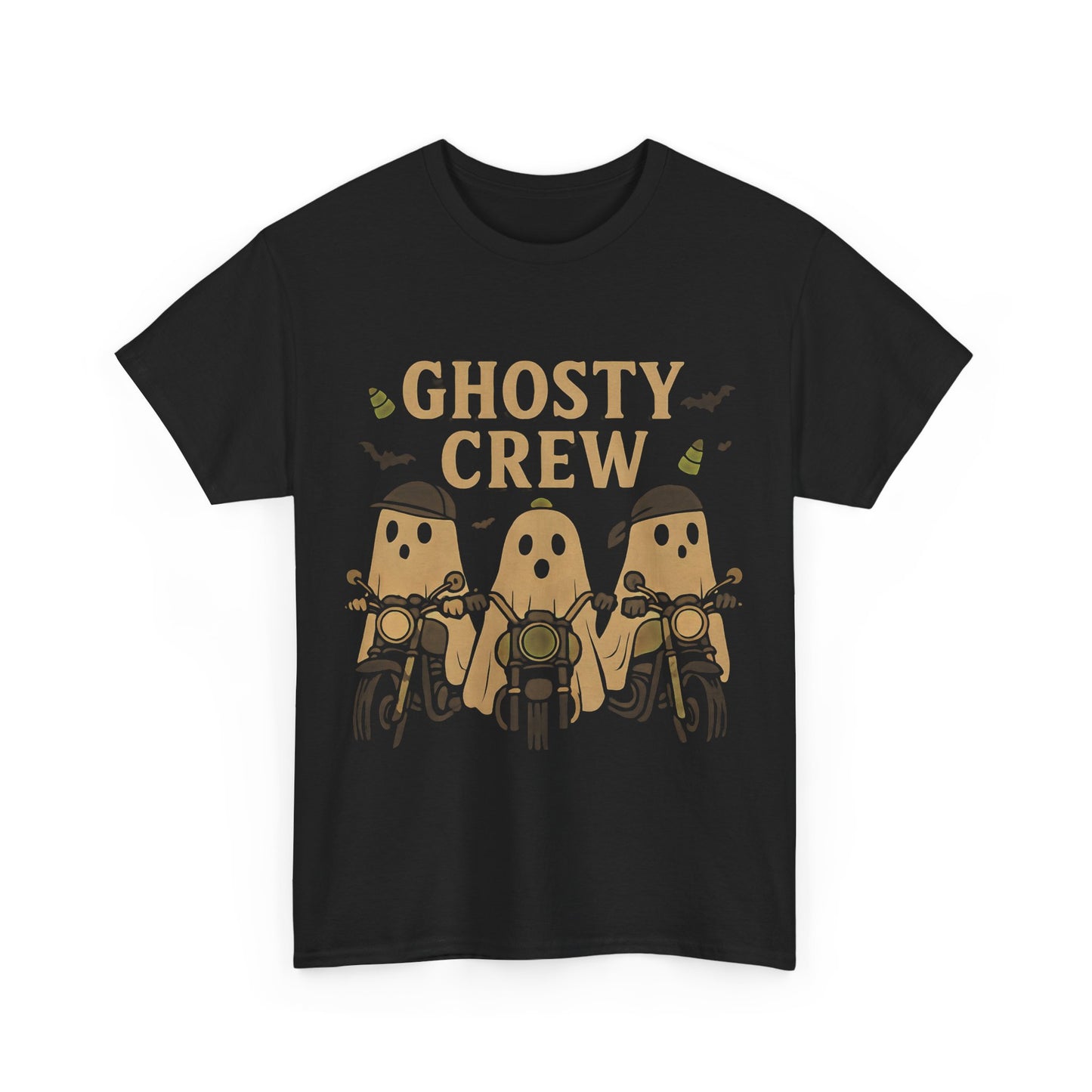 Halloween Ghosty Tee Ghost biker tee, perfect for showing off your fun and playful spirit! This tee boasts a vibrant design featuring ghostly charactersriding bikes.