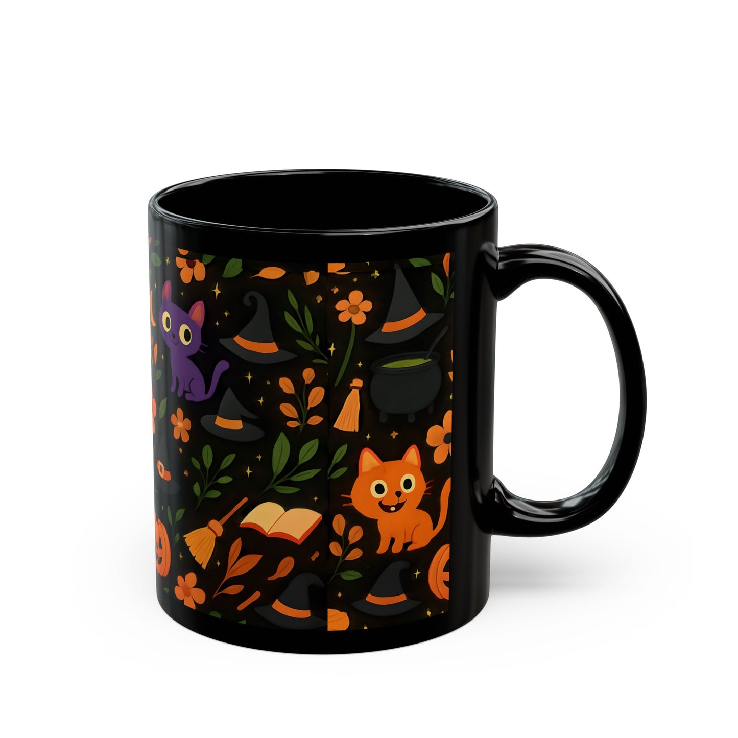Colourful cat Halloween mug,featuring a cheeky cat with all things Halloween, making it the perfect spooky mug for both hot chocolates and enchanting brews. 