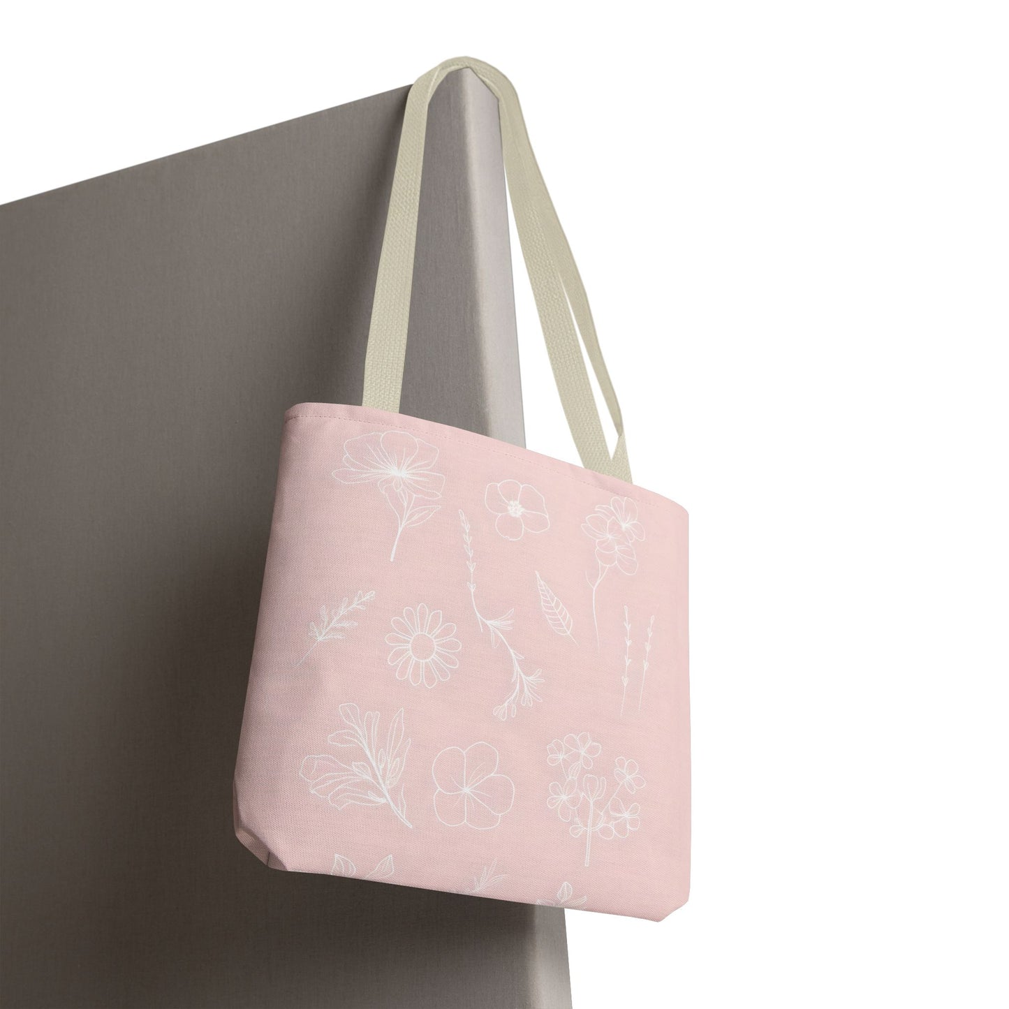Hand drawn style flower print tote, pastel pink, Canvas shoulder bag, reusable  lunch bag.