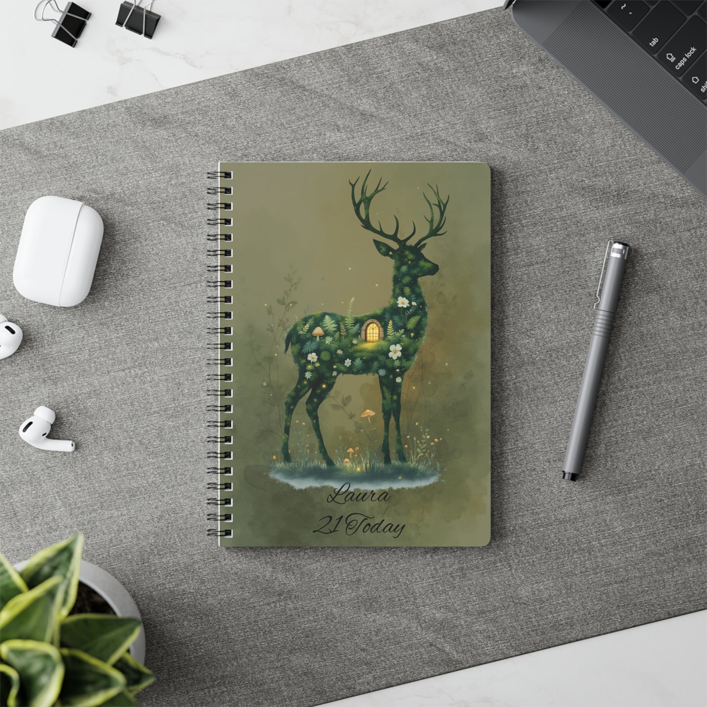 Personalised Moss Deer Notebook A5, Wire-bound Forestcore Journal.