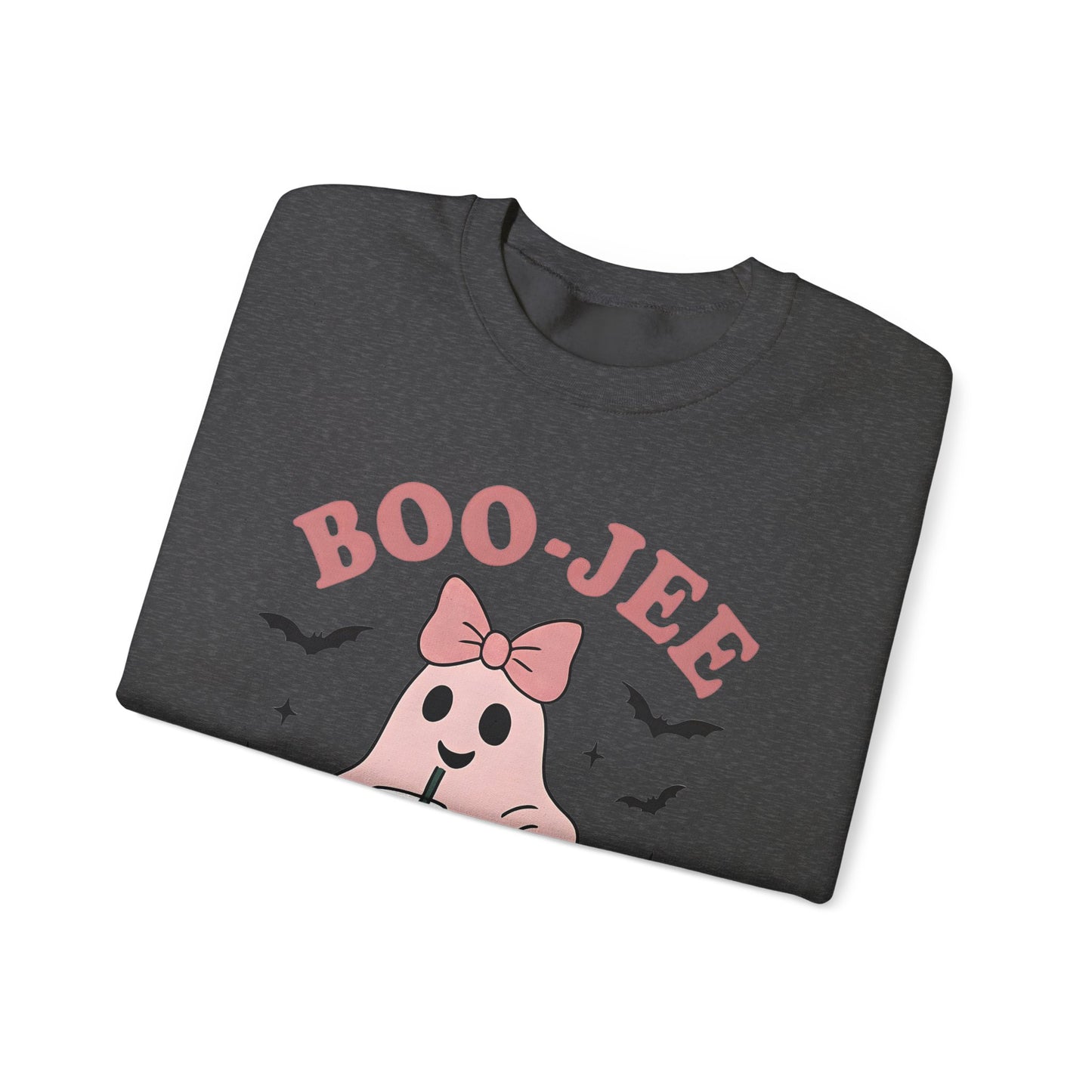 Boo-Jee Ghost Sweatshirt This playful garment, affectionately known as the boojee sweater, showcases charming ghosties adorned with a delightful pink bow.