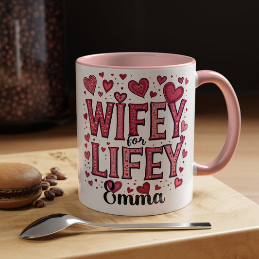 Personalised Wifey Mug | Custom Name Coffee Cup | Pink Hearts Mug | Wife Mug Gift