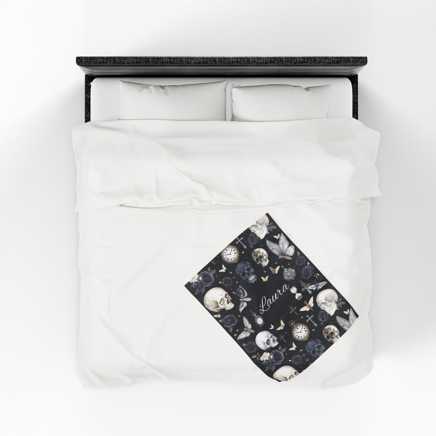 Gothic Skulls and Roses Velveteen Plush Blanket | Personalized Name Option