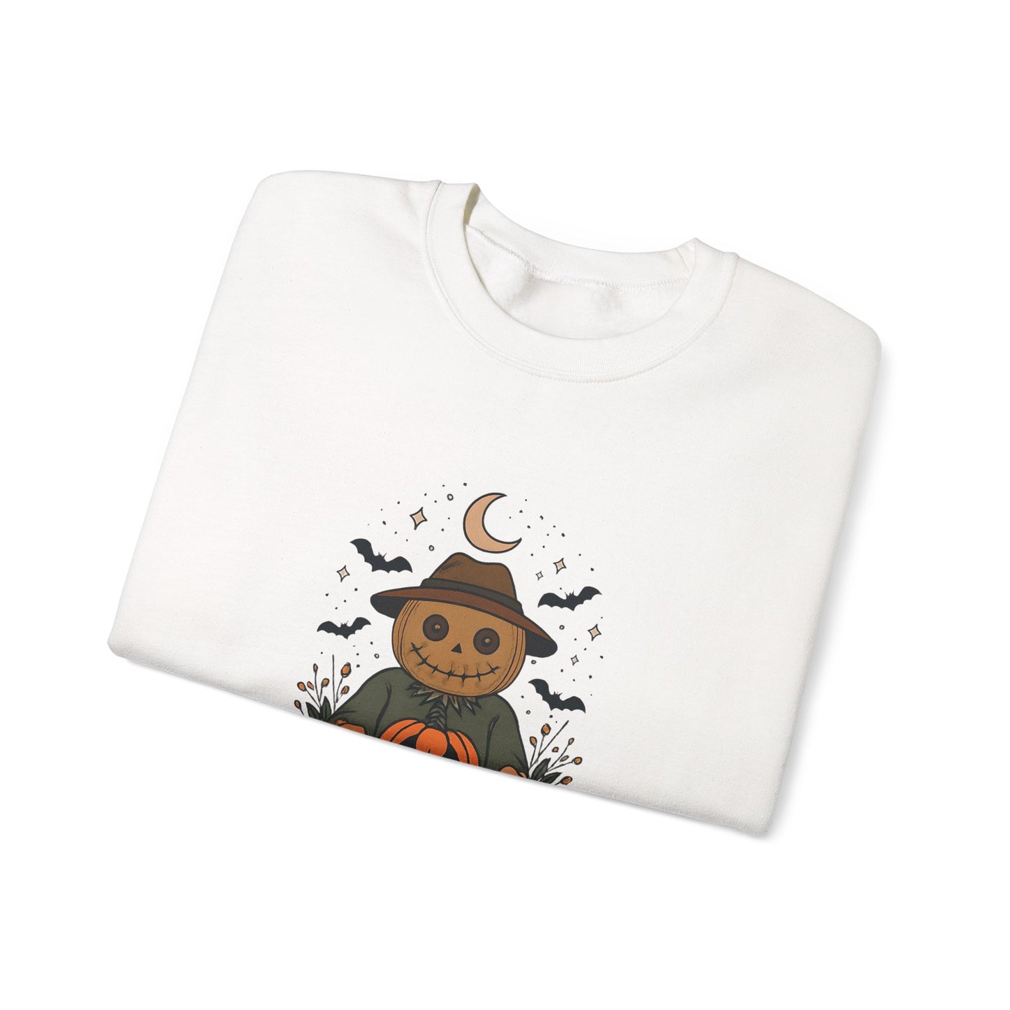 Cozy Halloween Sweatshirt with Scarecrow Design, The playful design featuring a whimsical scarecrow and autumnal elements creates a cheerful vibe, perfect for adding a festive touch to your wardrobe.