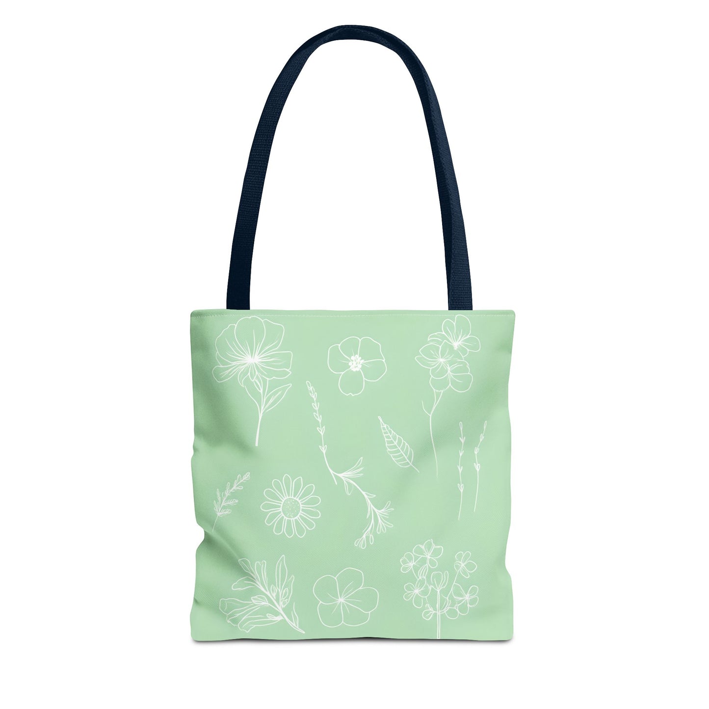 Hand drawn style flower print tote, pastel green, Canvas shoulder bag, reusable  lunch bag.