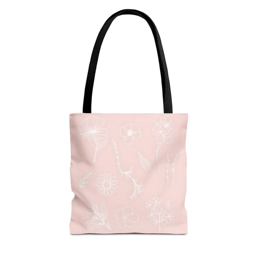 Hand drawn style flower print tote, pastel pink, Canvas shoulder bag, reusable  lunch bag.