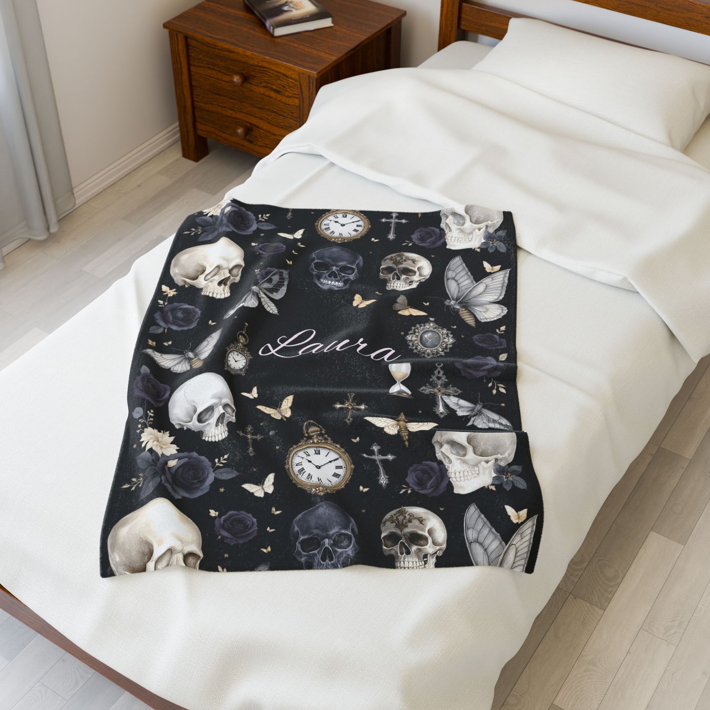 Gothic Skulls and Roses Velveteen Plush Blanket | Personalized Name Option