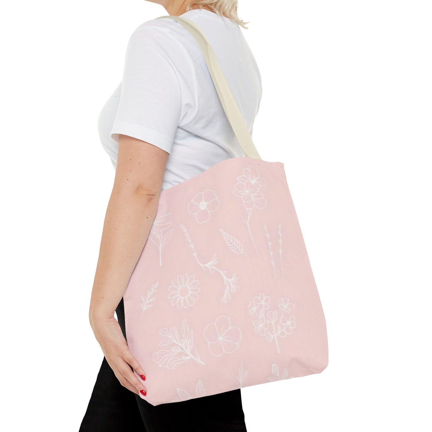 Hand drawn style flower print tote, pastel pink, Canvas shoulder bag, reusable  lunch bag.