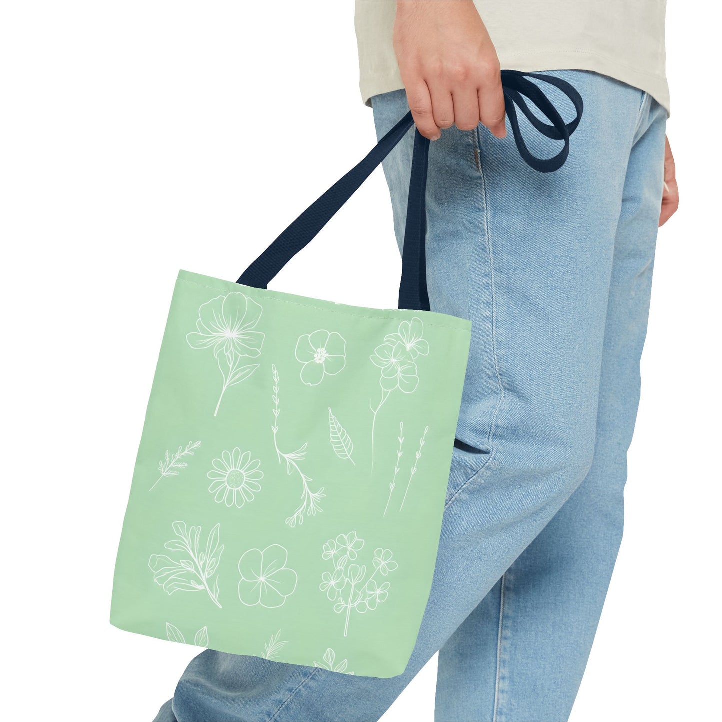 Hand drawn style flower print tote, pastel green, Canvas shoulder bag, reusable  lunch bag.