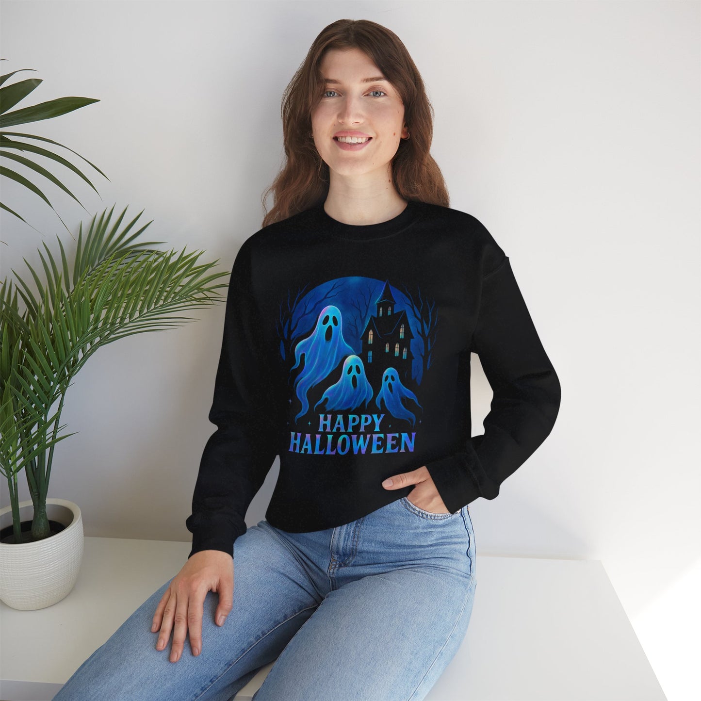 Happy Halloween Holographic Style Ghost Jumper, Embrace sweater weather with this halloween jumper, showcasing a stunning holographic style print.