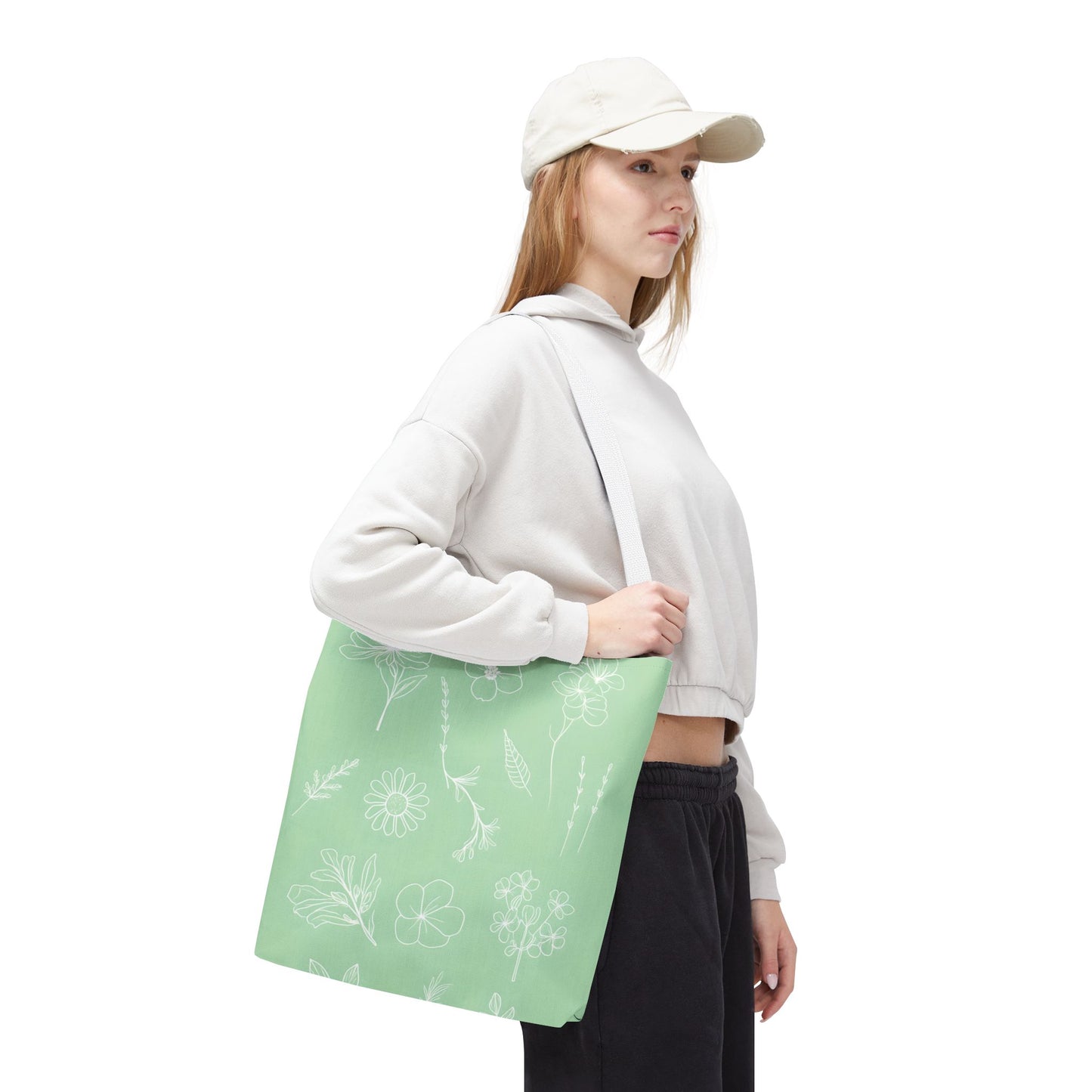 Hand drawn style flower print tote, pastel green, Canvas shoulder bag, reusable  lunch bag.