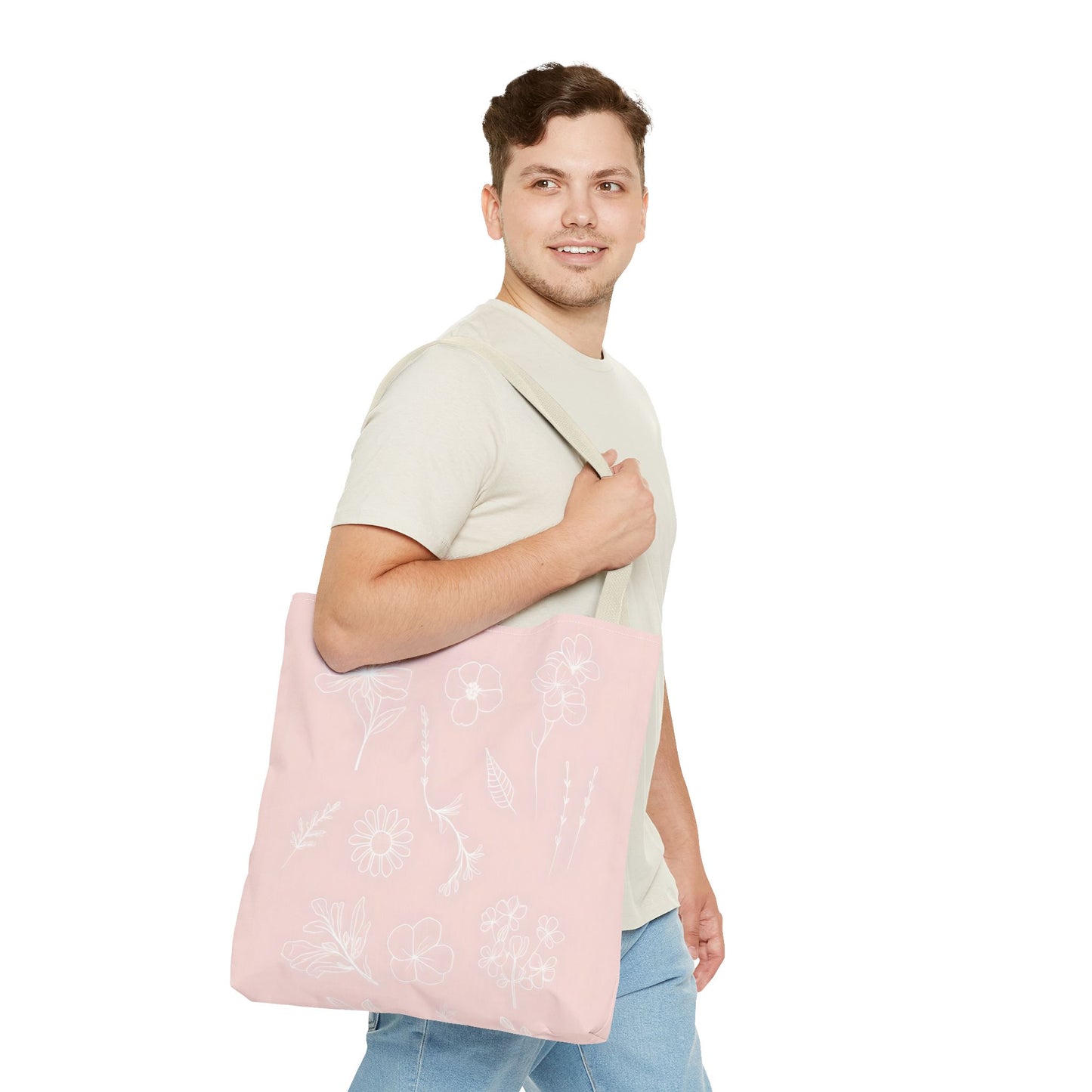 Hand drawn style flower print tote, pastel pink, Canvas shoulder bag, reusable  lunch bag.