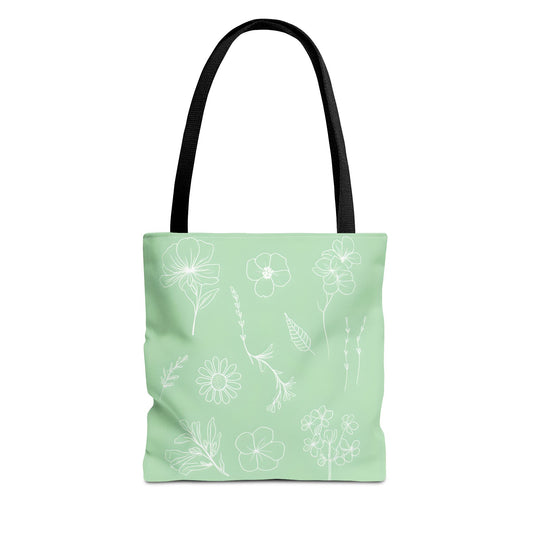 Hand drawn style flower print tote, pastel green, Canvas shoulder bag, reusable  lunch bag.