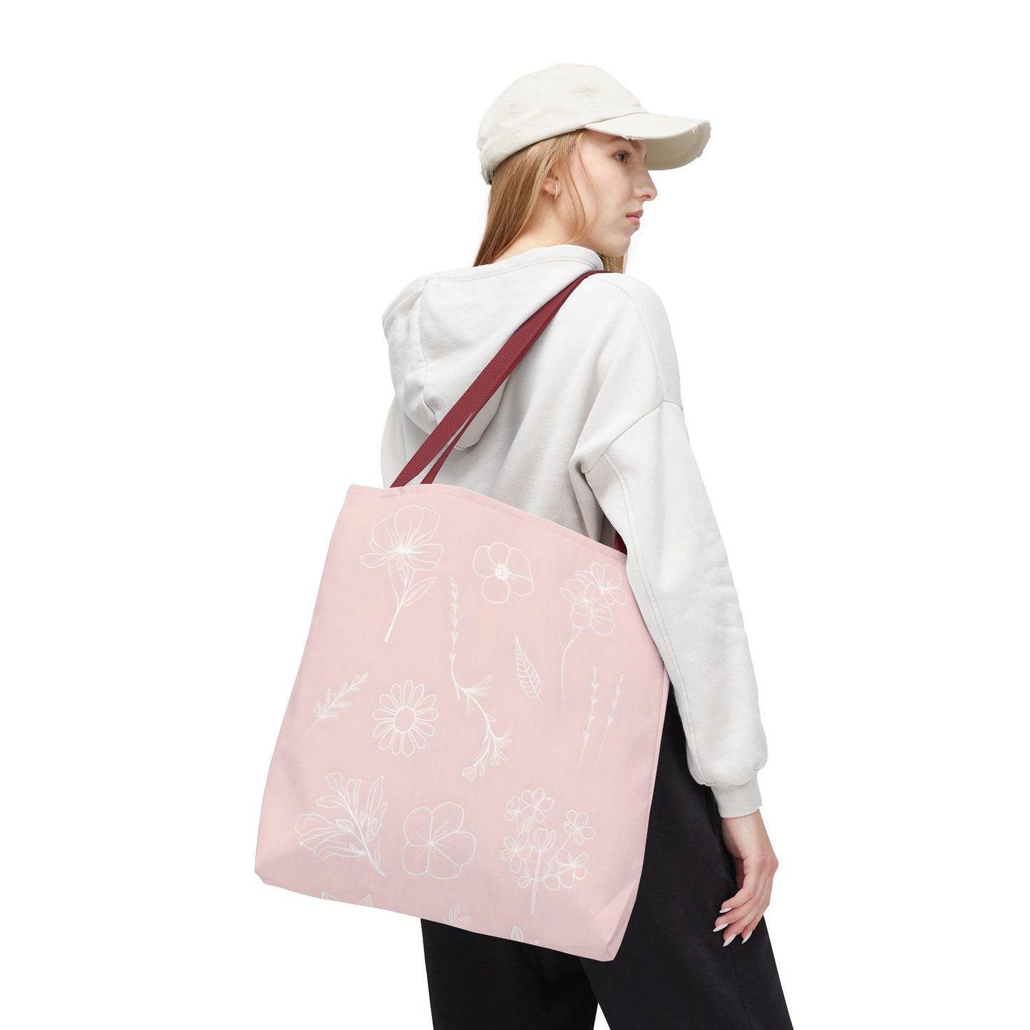 Hand drawn style flower print tote, pastel pink, Canvas shoulder bag, reusable  lunch bag.