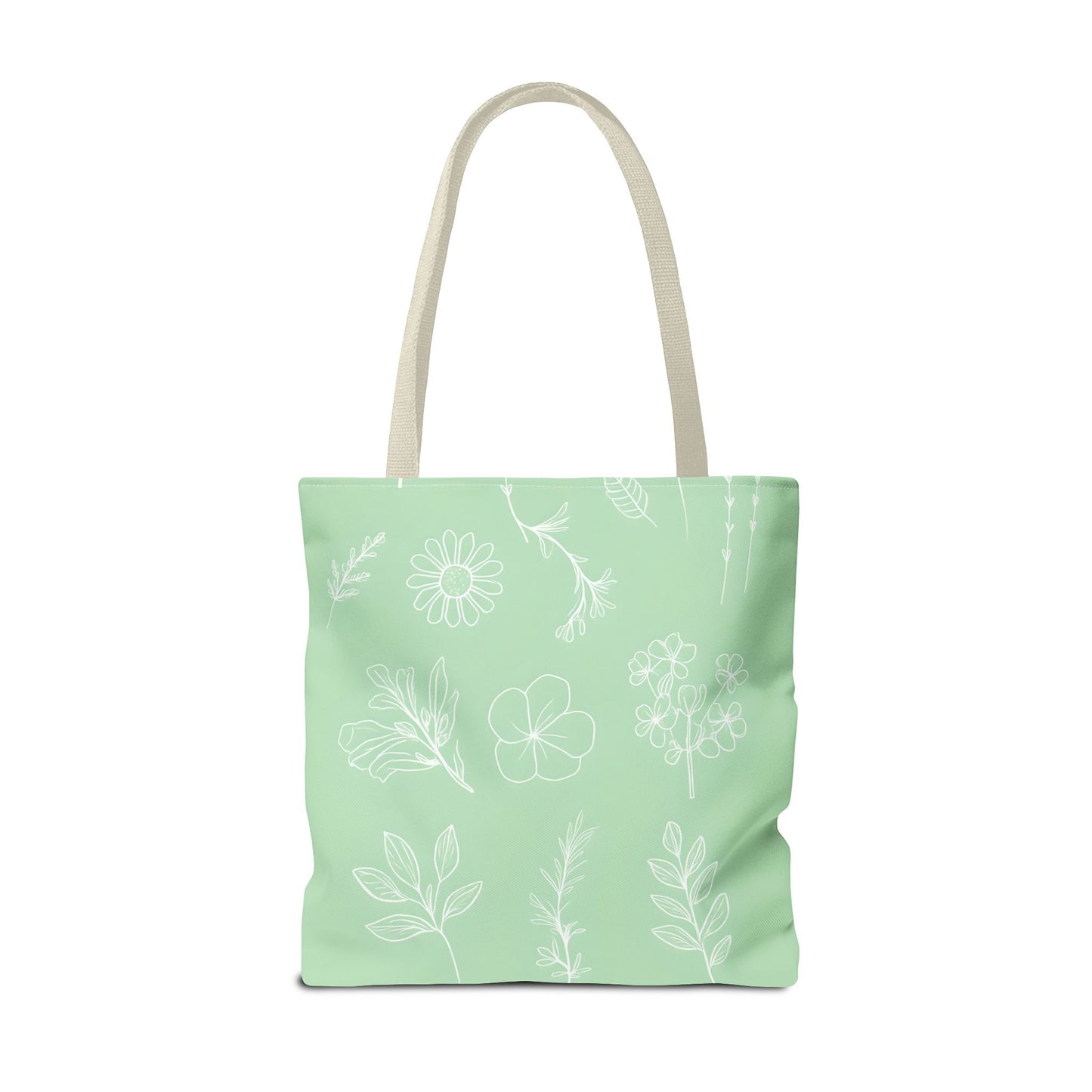 Hand drawn style flower print tote, pastel green, Canvas shoulder bag, reusable  lunch bag.