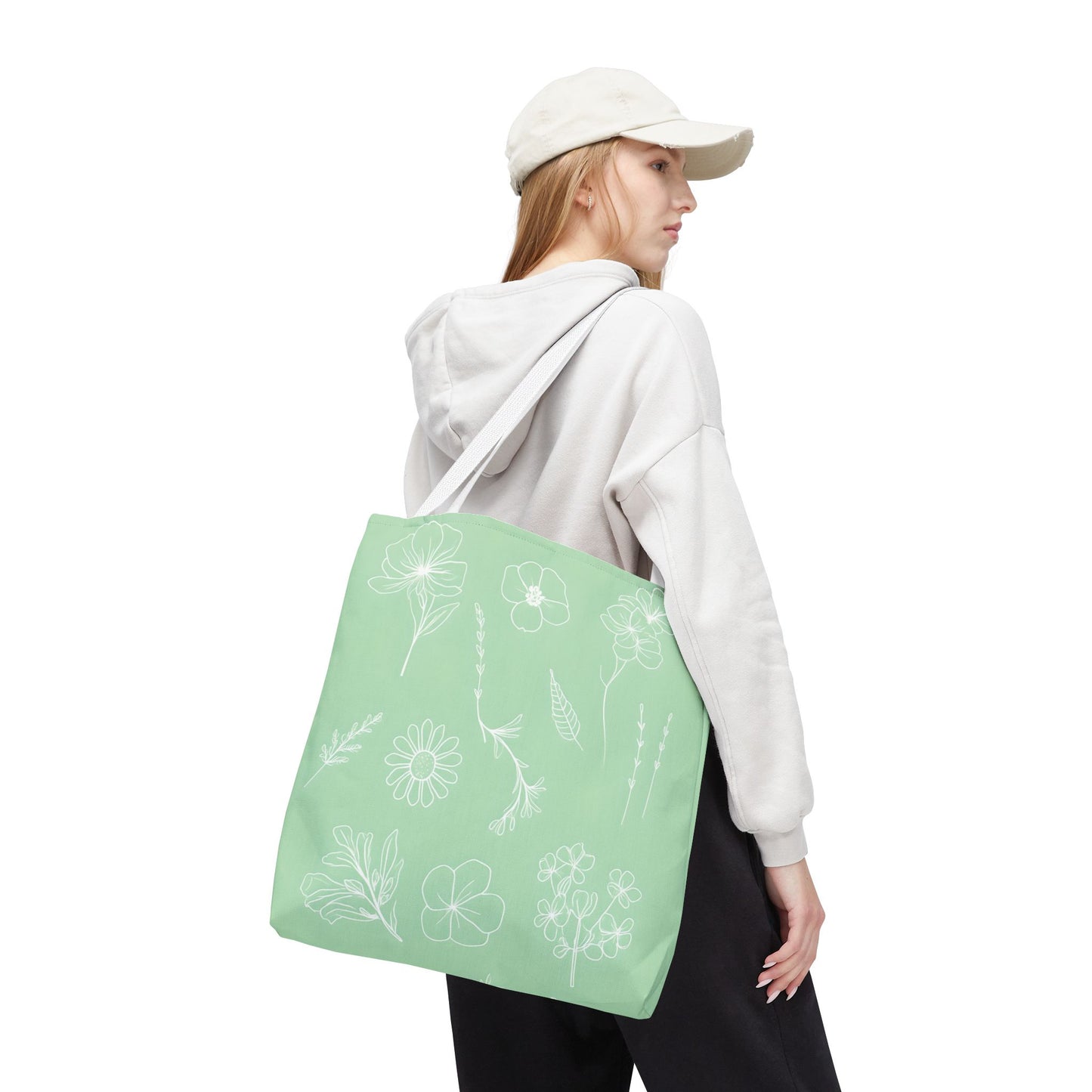 Hand drawn style flower print tote, pastel green, Canvas shoulder bag, reusable  lunch bag.