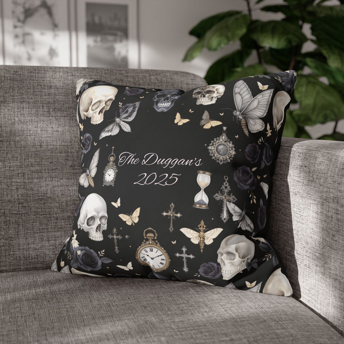 Gothic Skull Floral Pattern Square Pillowcase | gothic throw pillow, personalized whimsigoth decor