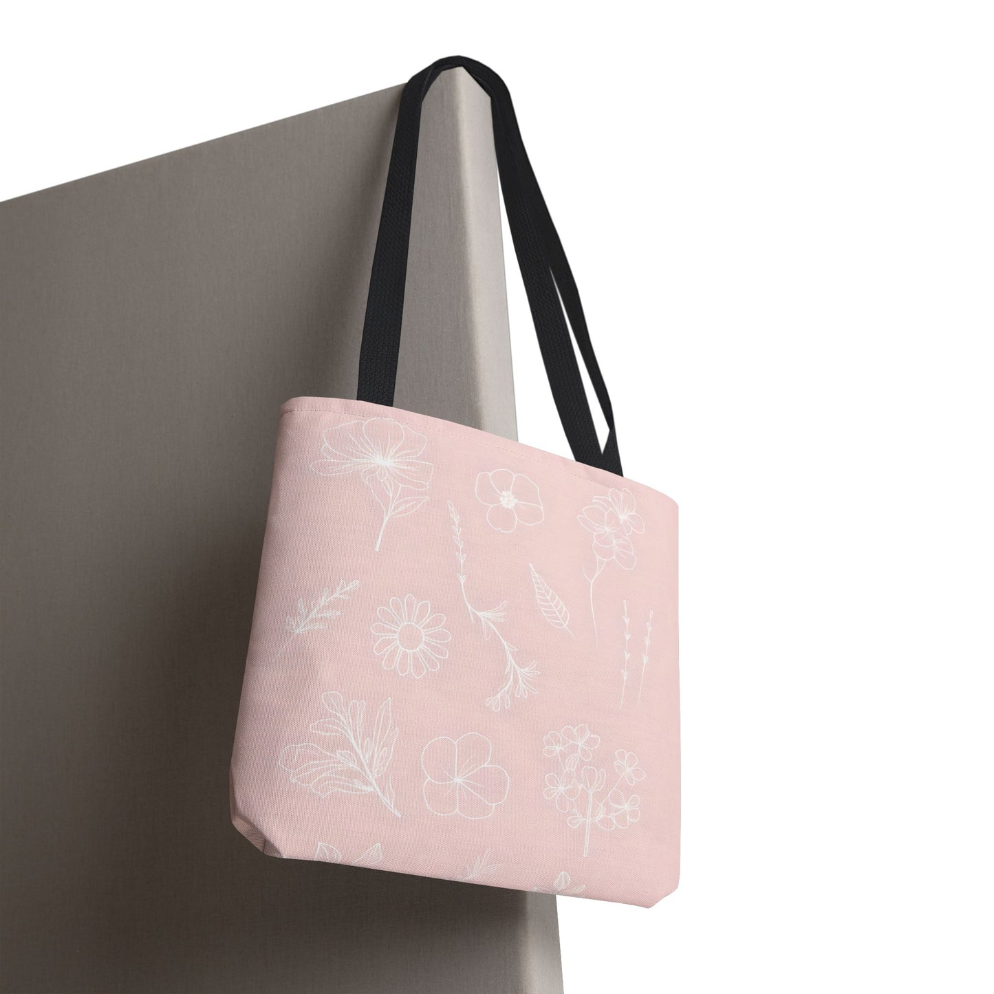 Hand drawn style flower print tote, pastel pink, Canvas shoulder bag, reusable  lunch bag.