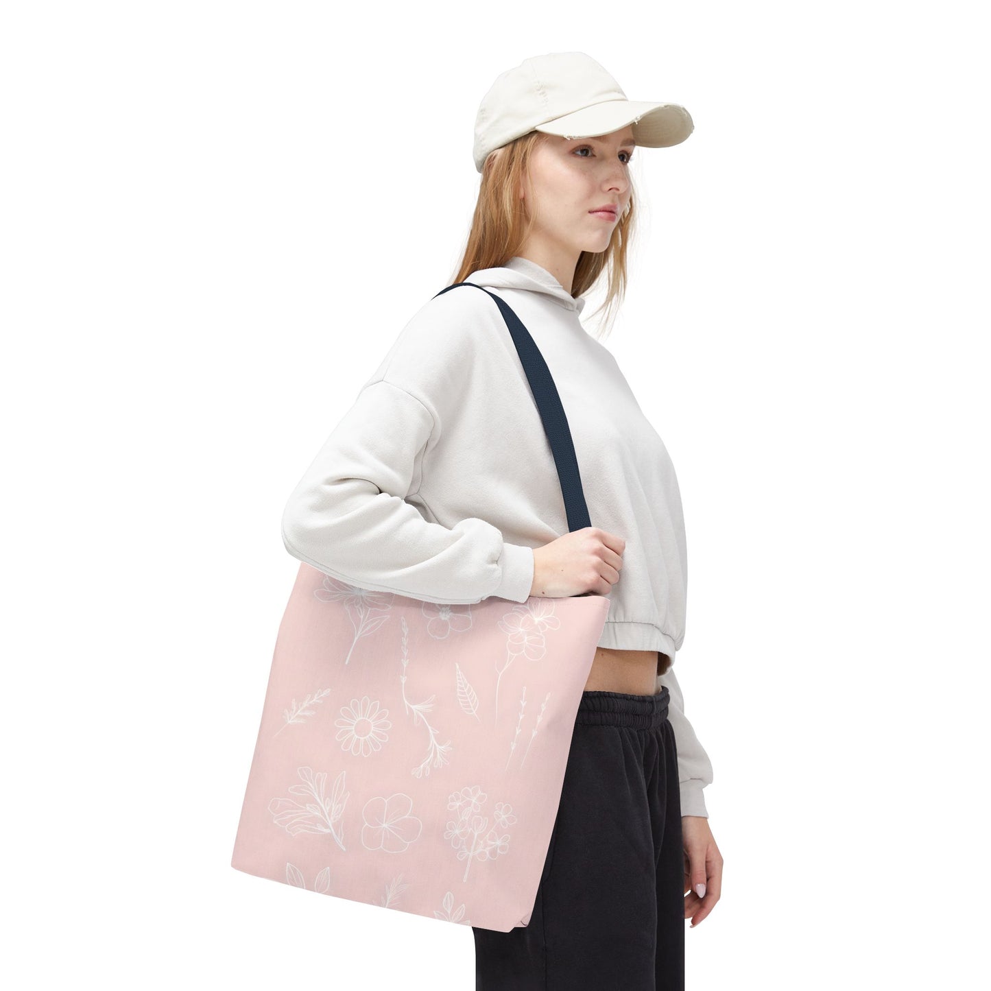 Hand drawn style flower print tote, pastel pink, Canvas shoulder bag, reusable  lunch bag.