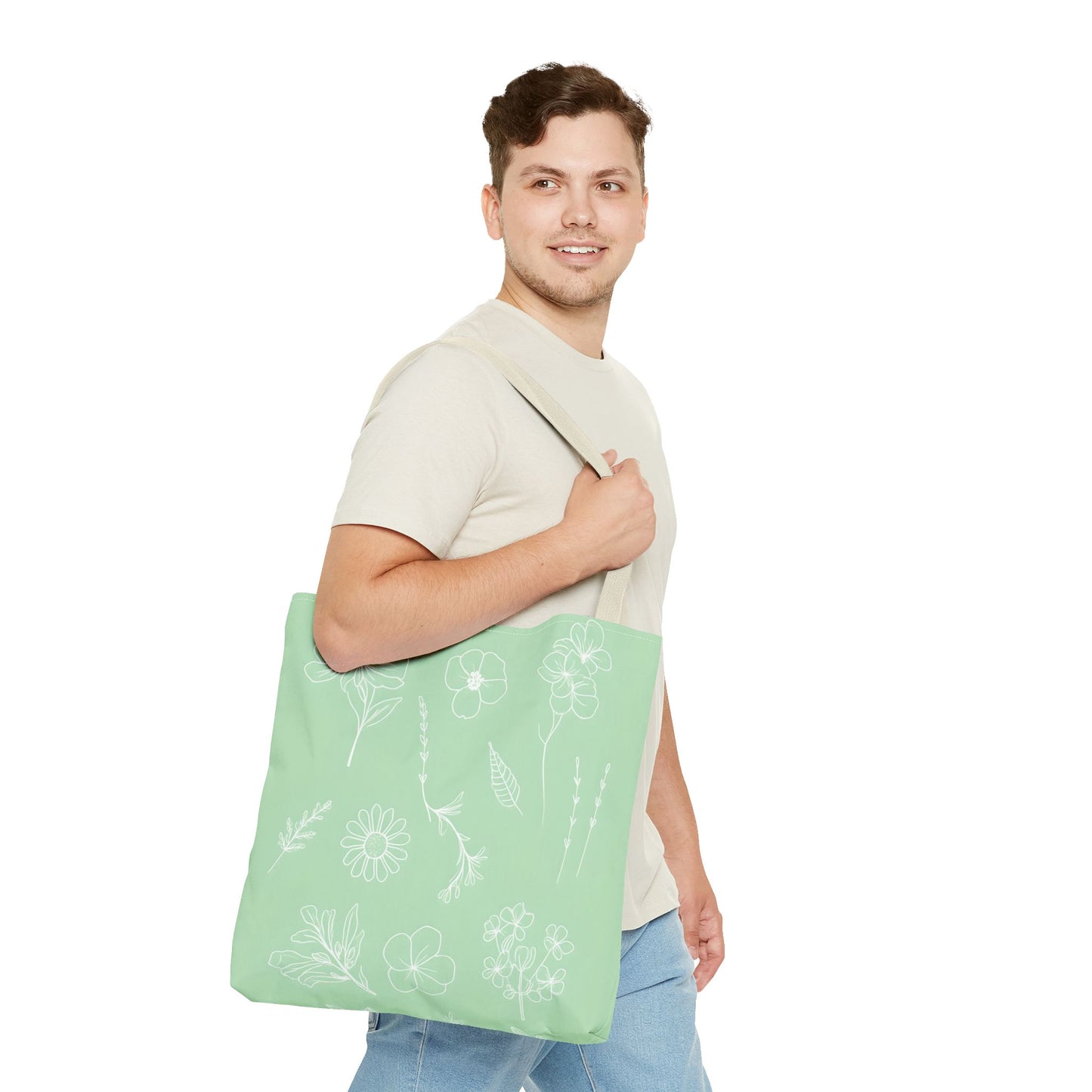 Hand drawn style flower print tote, pastel green, Canvas shoulder bag, reusable  lunch bag.