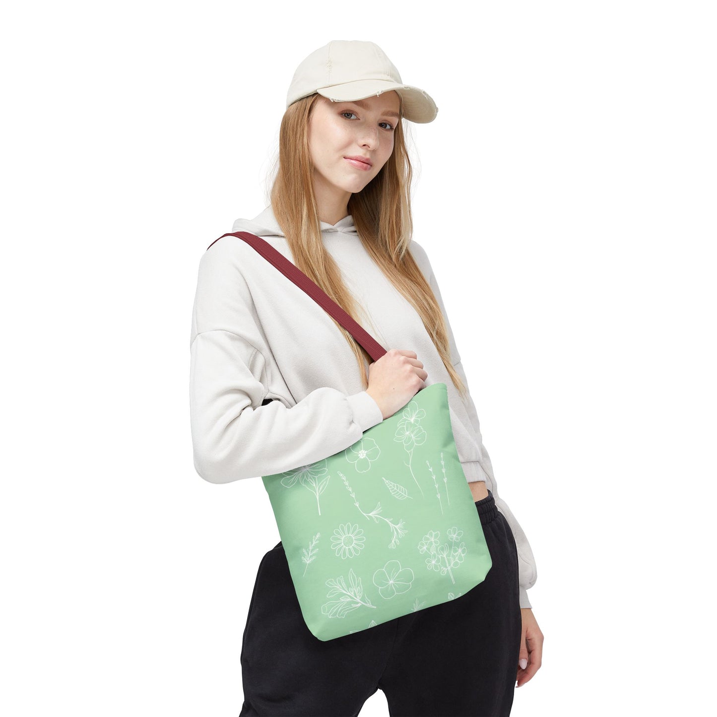 Hand drawn style flower print tote, pastel green, Canvas shoulder bag, reusable  lunch bag.