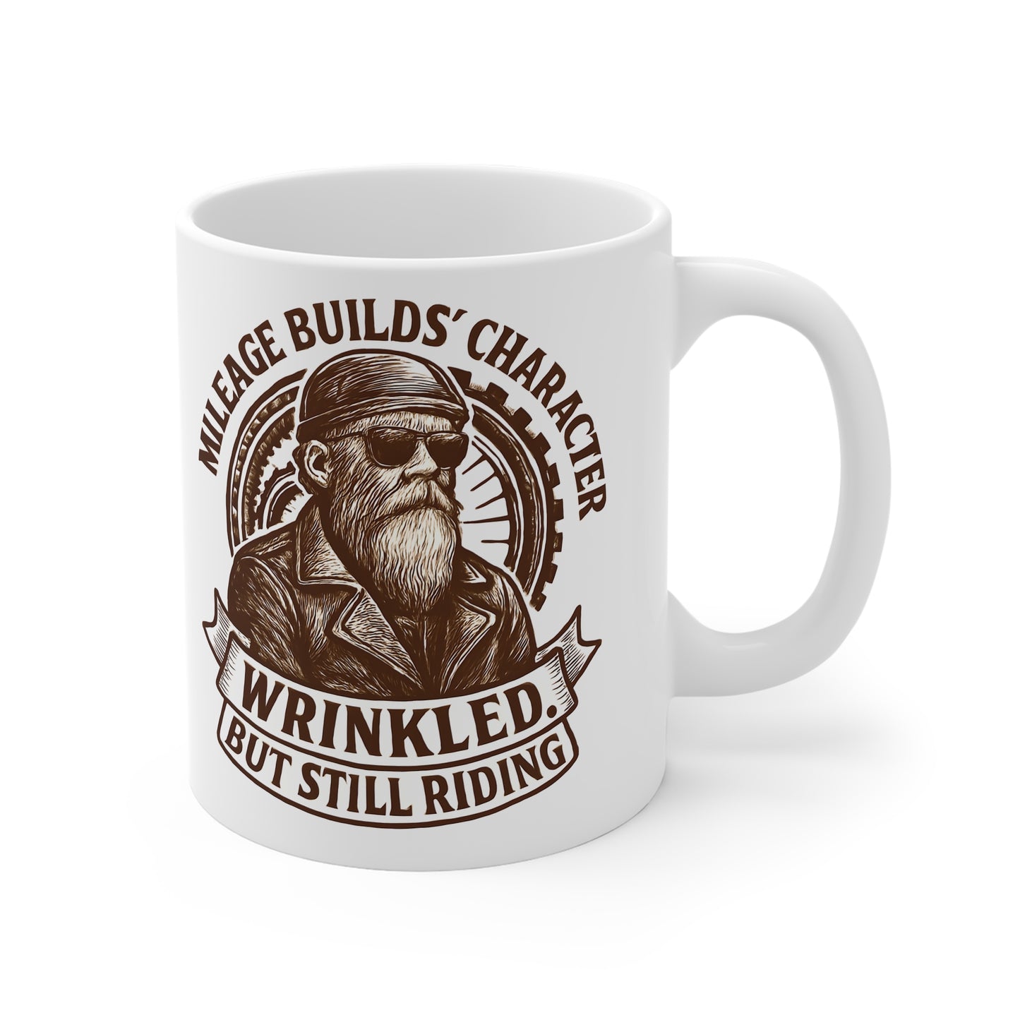 Mileage Builds Character Mug, Whether you're gifting it to a fellow rider or indulging in a biker coffee mug for yourself, it's more than just a drink; it's a tribute to the timeless adventure that says, "you're never too old."