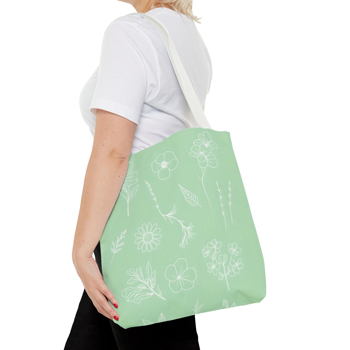 Hand drawn style flower print tote, pastel green, Canvas shoulder bag, reusable  lunch bag.