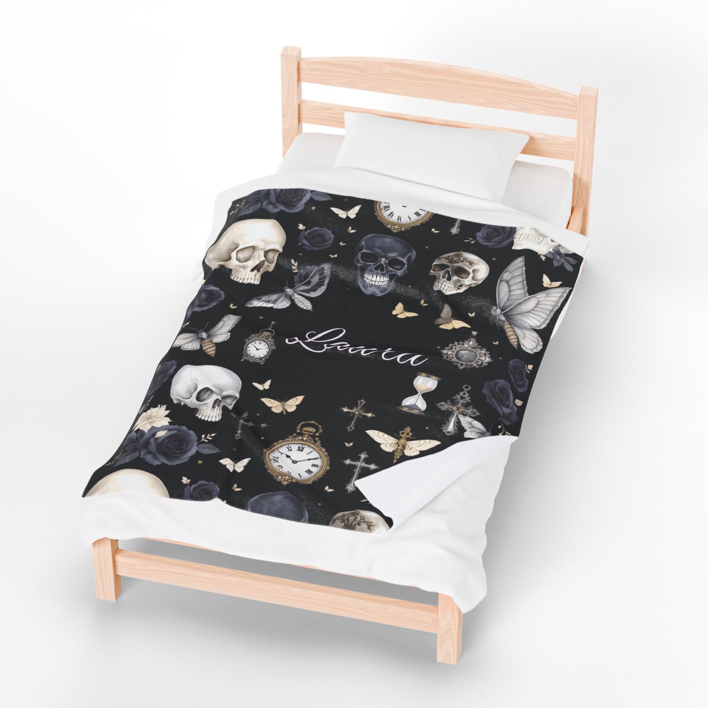 Gothic Skulls and Roses Velveteen Plush Blanket | Personalized Name Option