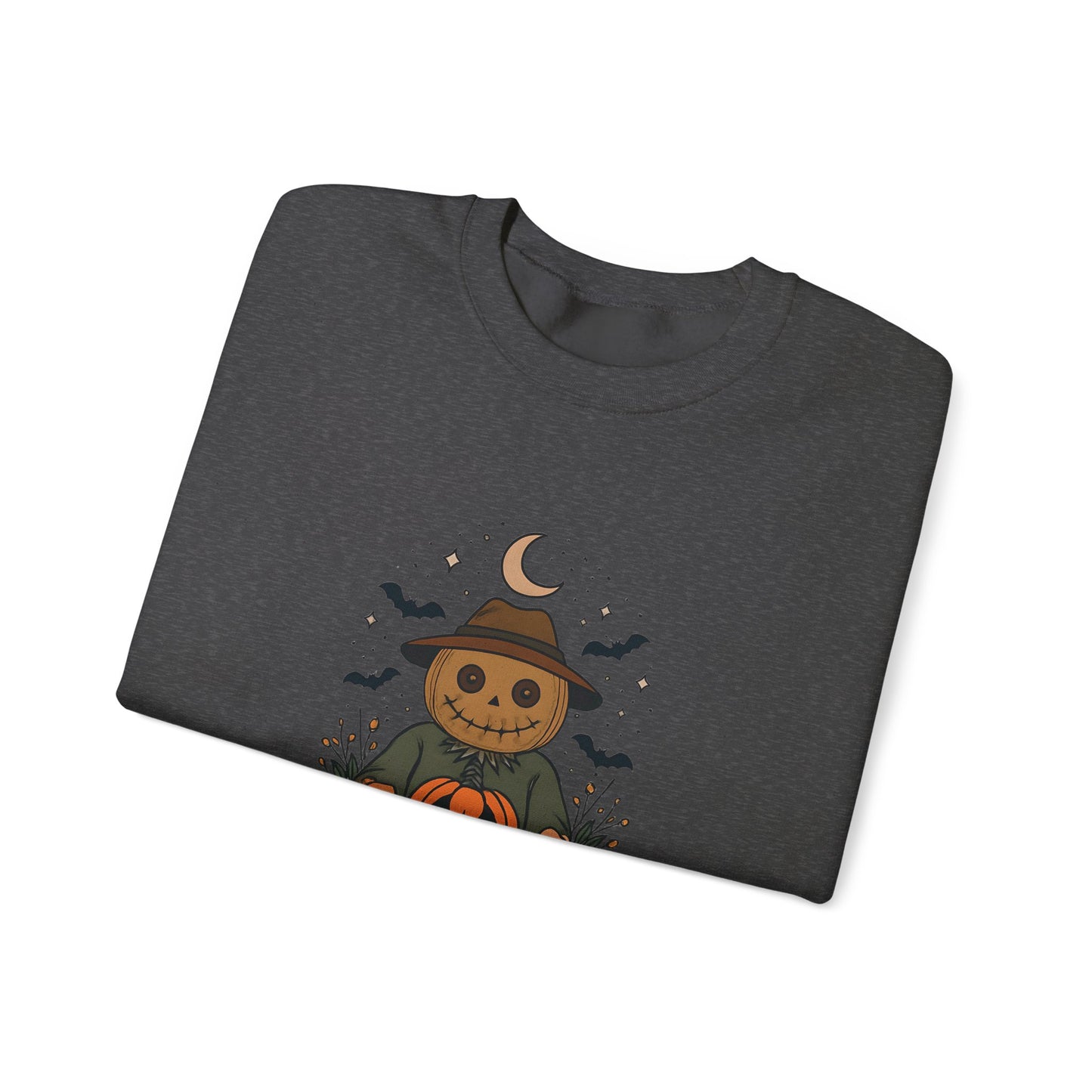 Cozy Halloween Sweatshirt with Scarecrow Design, The playful design featuring a whimsical scarecrow and autumnal elements creates a cheerful vibe, perfect for adding a festive touch to your wardrobe.