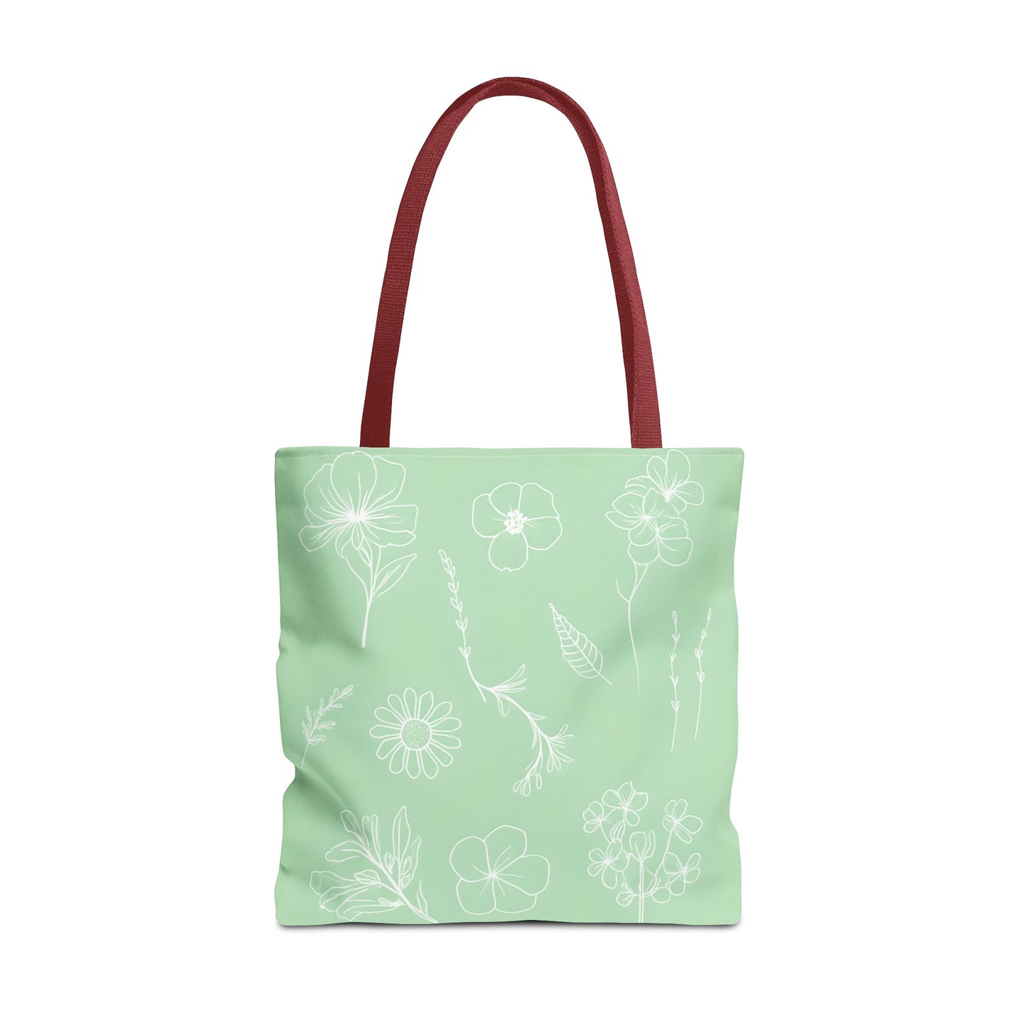 Hand drawn style flower print tote, pastel green, Canvas shoulder bag, reusable  lunch bag.