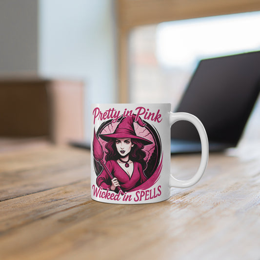 Pretty in Pink Witch Mug, Wicked Spells Coffee Mug, This pink witch mug is perfect for those who relish in the whimsical world of magic and brew.
