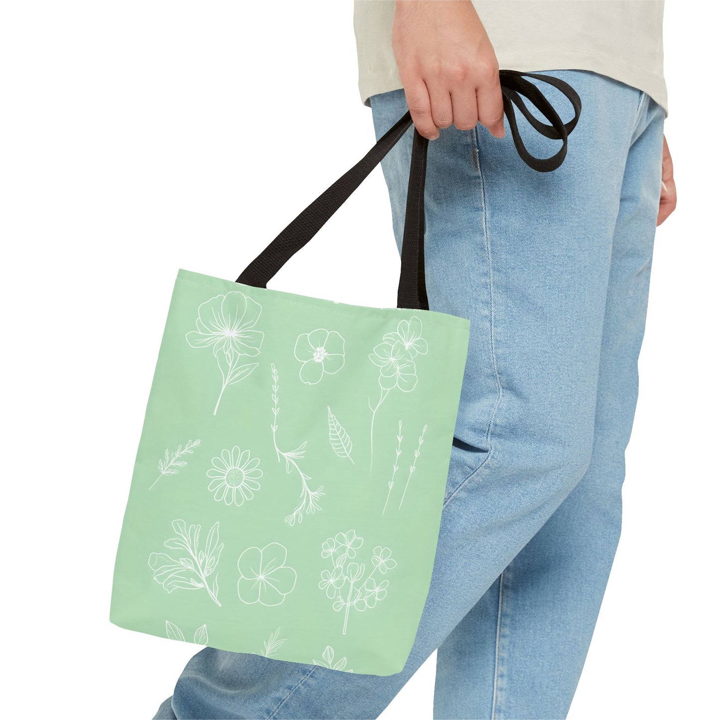 Hand drawn style flower print tote, pastel green, Canvas shoulder bag, reusable  lunch bag.
