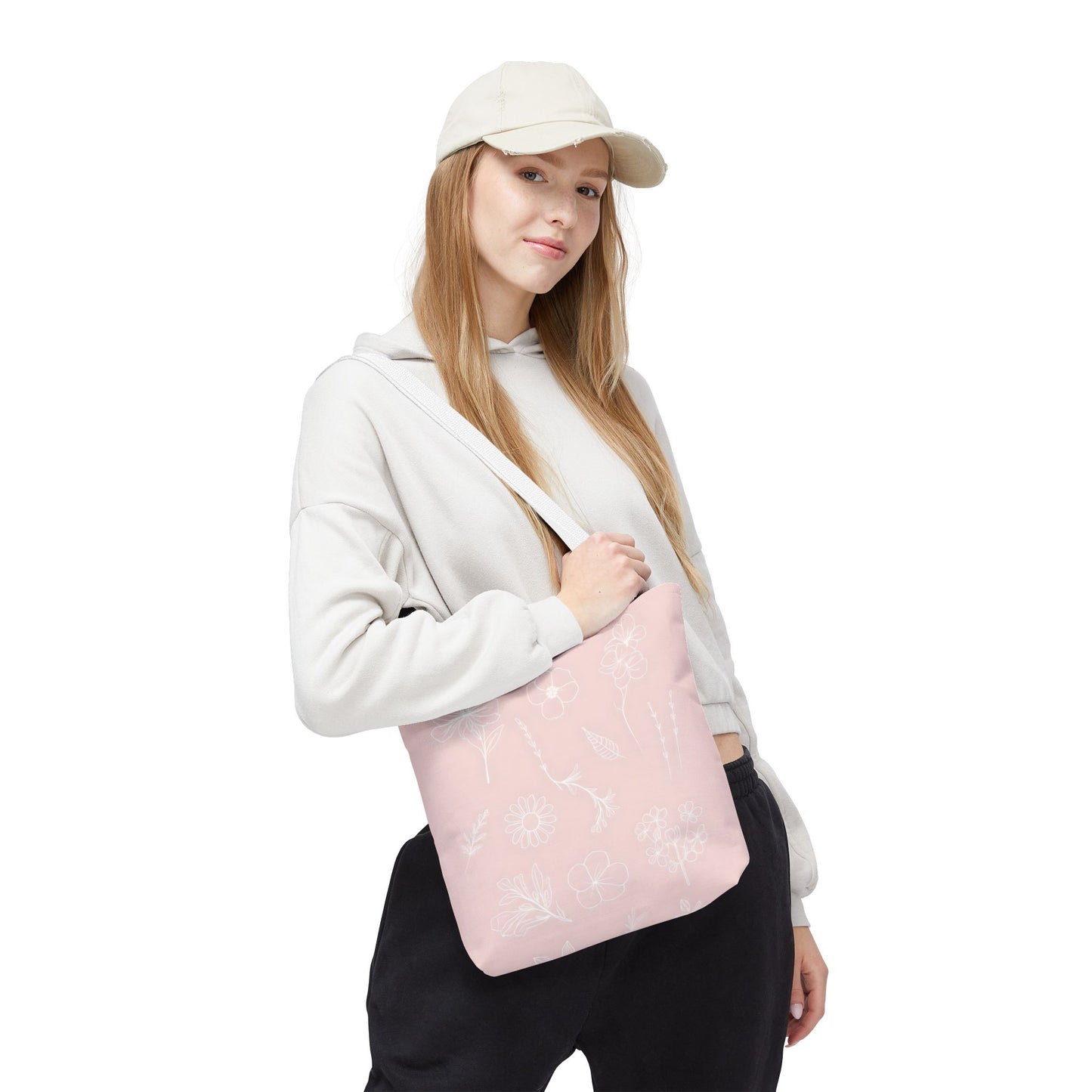 Hand drawn style flower print tote, pastel pink, Canvas shoulder bag, reusable  lunch bag.