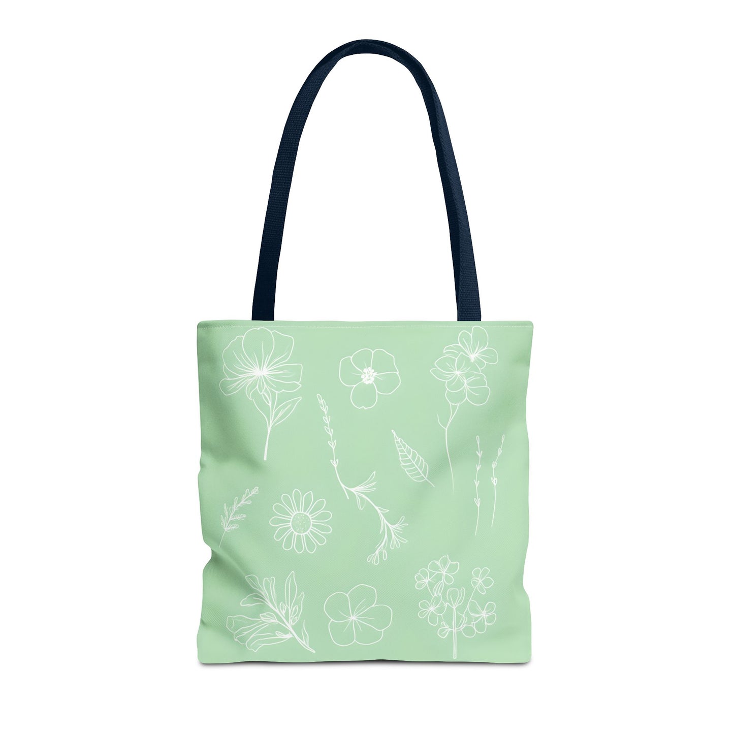 Hand drawn style flower print tote, pastel green, Canvas shoulder bag, reusable  lunch bag.