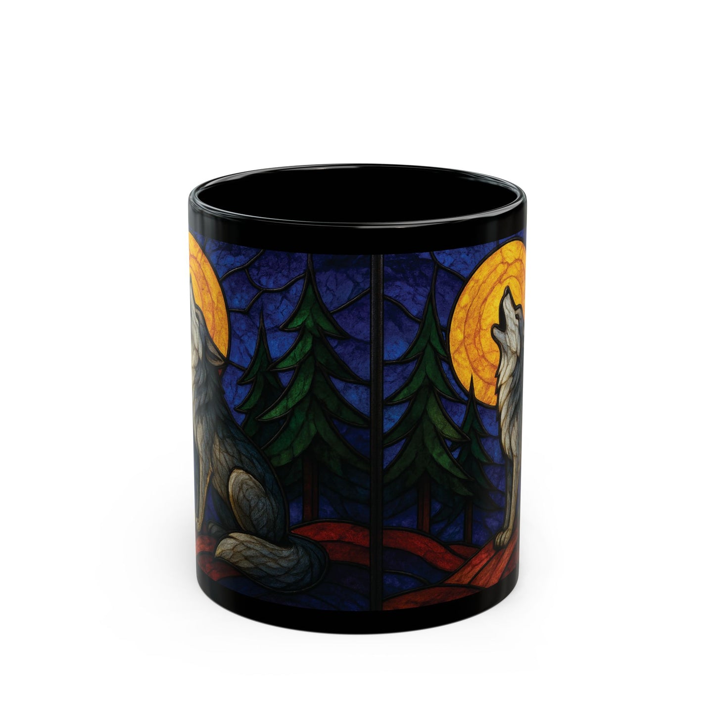 Wolf Coffee Cup with Stained Glass Effect, Ideal for any wolf lover, this wolf cup serves not just as a vessel for your favorite brew but also as a striking symbol of wilderness and wonder.
