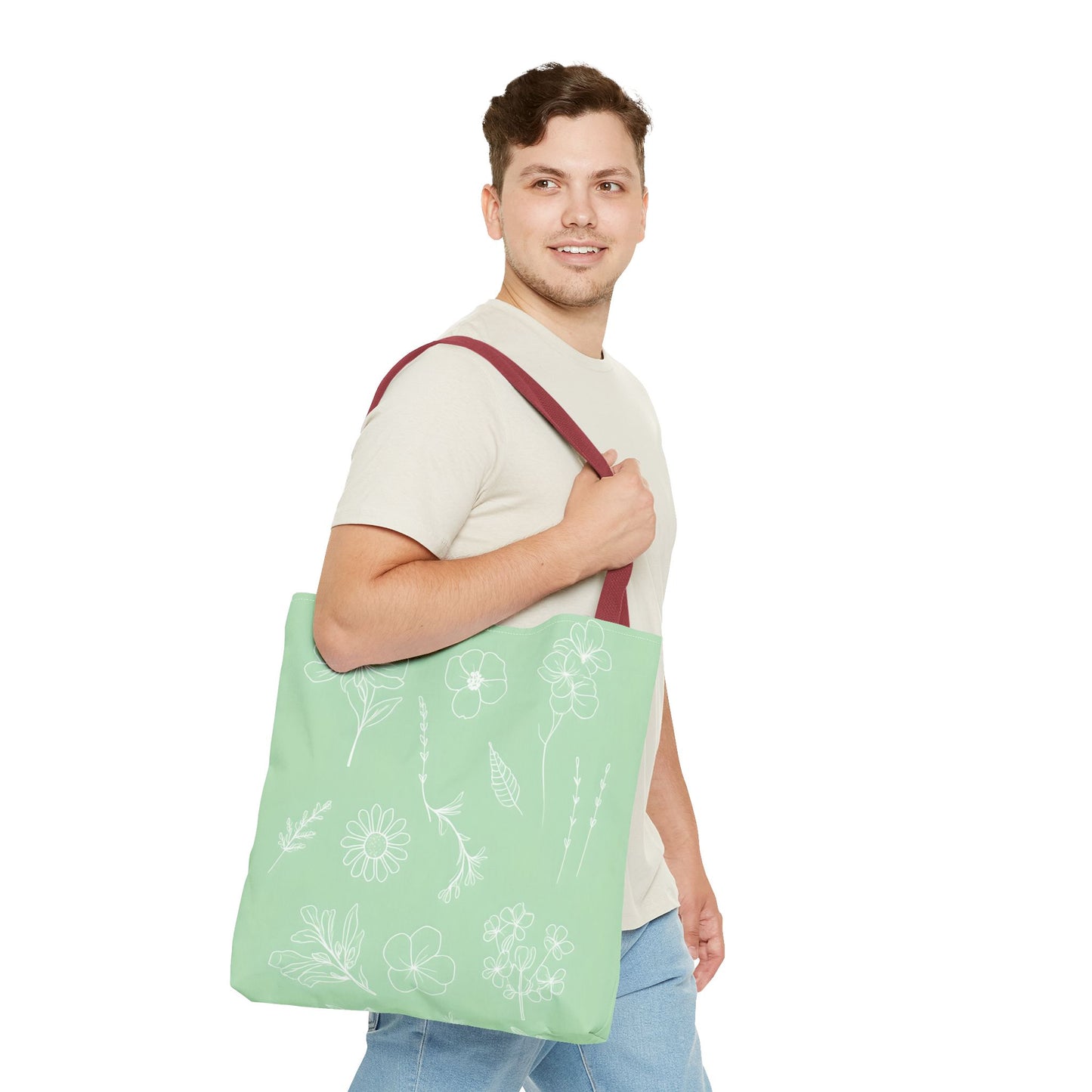 Hand drawn style flower print tote, pastel green, Canvas shoulder bag, reusable  lunch bag.