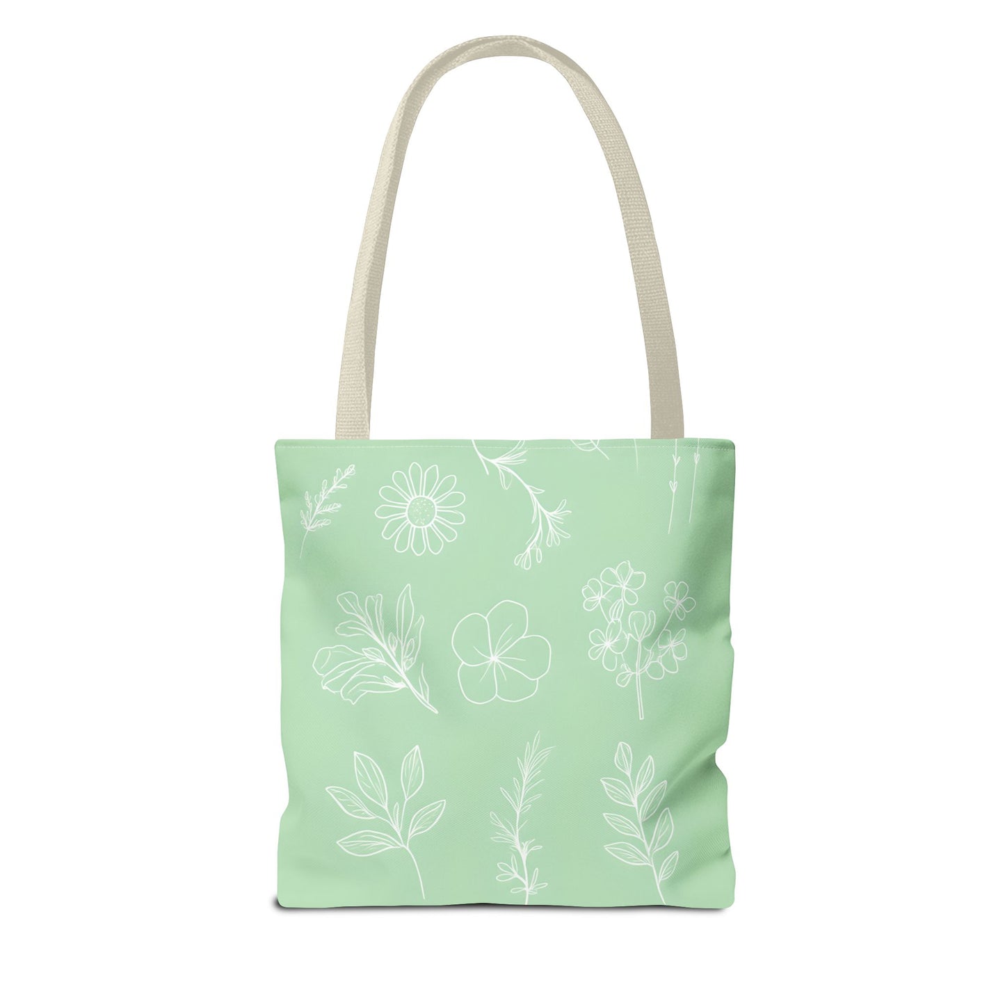 Hand drawn style flower print tote, pastel green, Canvas shoulder bag, reusable  lunch bag.